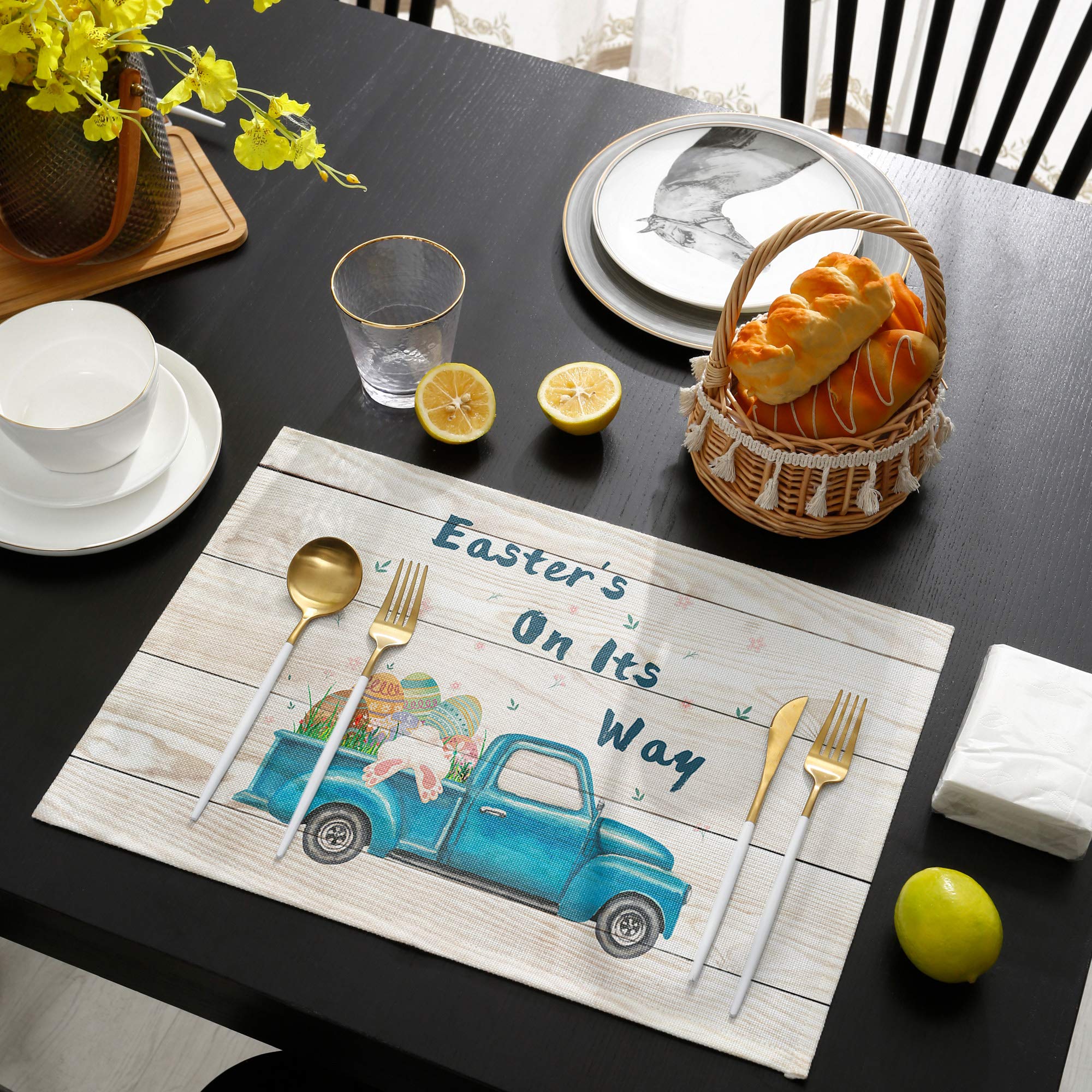 Farmhouse Easter Table Placemats Set of 4 - Round Non-Slip Heat Resistant Washable Kitchen Mats with Bunny & Egg Design - Rustic Wood Decor for Dining Table - Perfect for Family Gatherings, Holiday Meals & Spring Decor