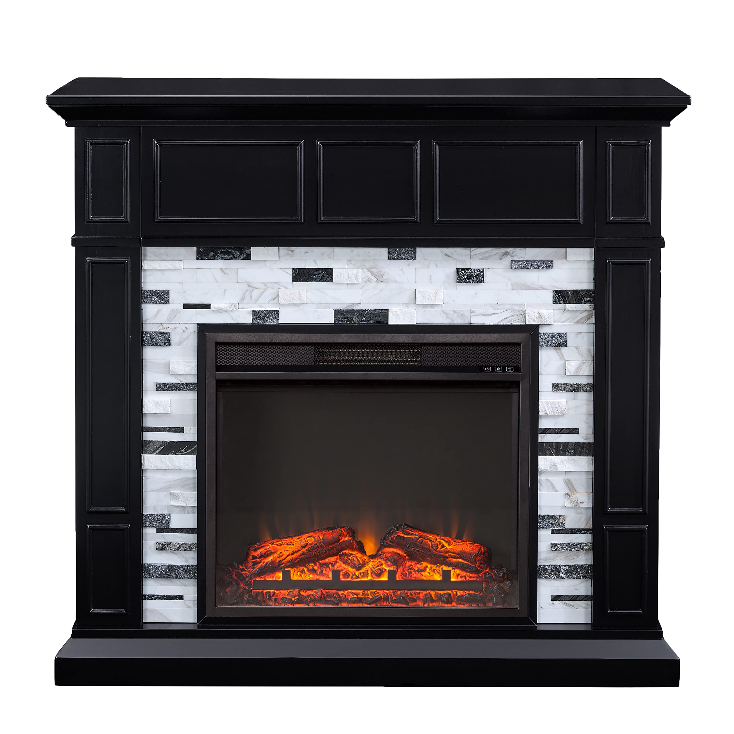 SEI Furniture Drovling Modern Black Marble Electric Fireplace - Indoor Heating for Living Room, Bedroom & Office