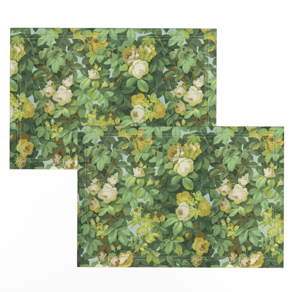 Premium Linen Cotton Canvas Placemats Set of 2 - Victorian Art Deco Floral Design with Roses & Peonies | Elegant Table Setting for Dining Room, Kitchen & Special Occasions