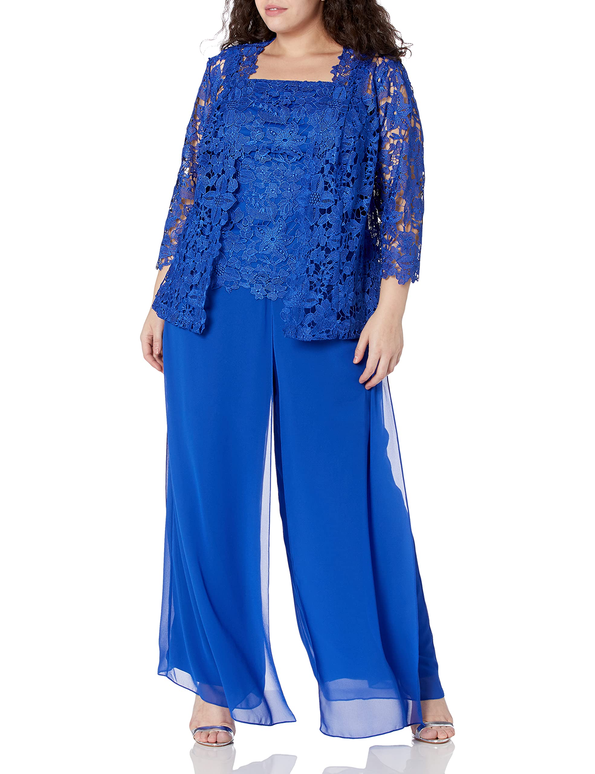 Emma Street Women's Plus Size Lace Jacket & Chiffon Pants Set - Elegant Lace Top with Flowy Chiffon Bottoms for Evening Parties, Weddings & Special Occasions