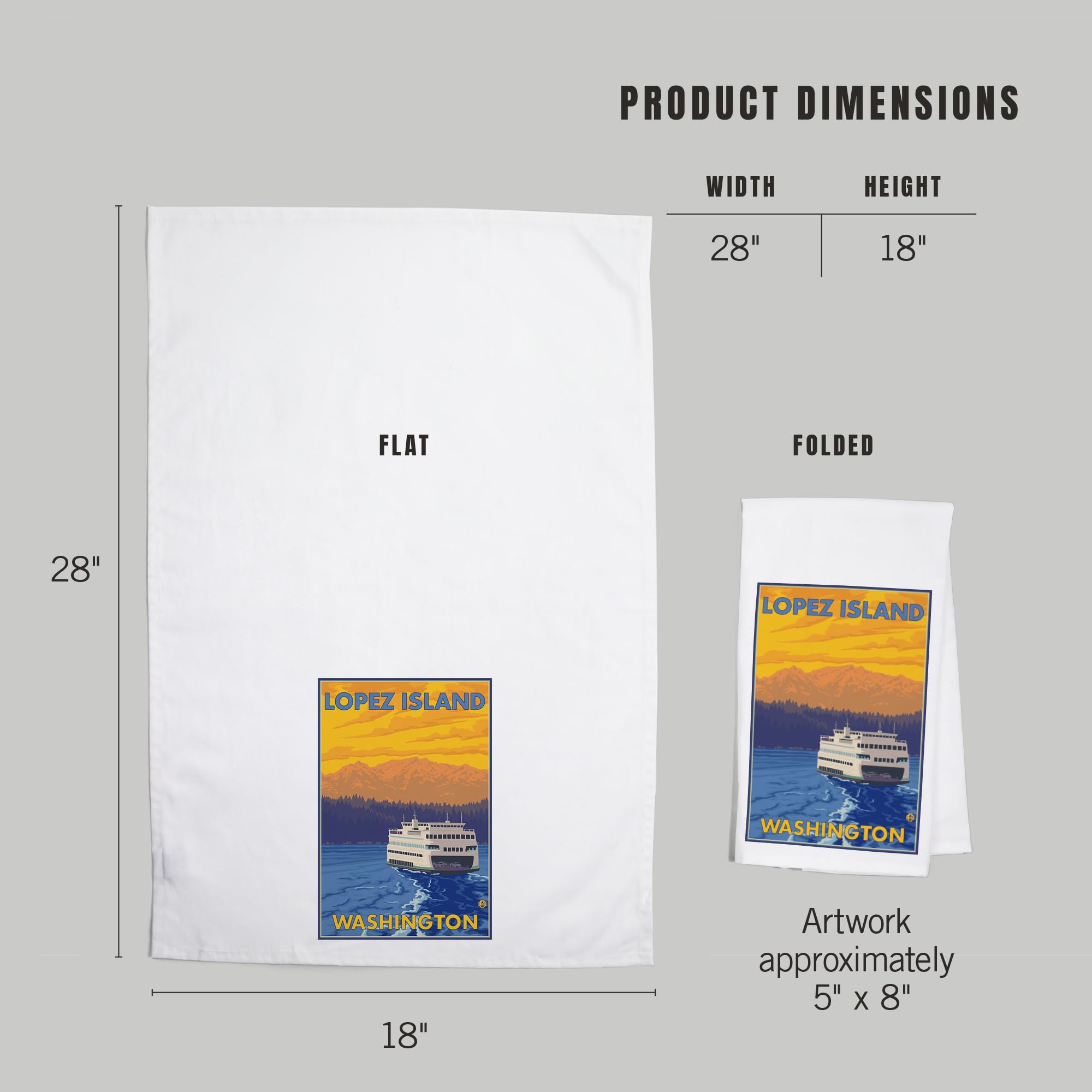 Lantern Press Ferry and Mountains Lopez Island Washington - 100% Cotton Tea Towel | Decorative Hand Towel for Kitchen & Home Decor | Perfect for Dish Drying, Gift Giving & Farmhouse Style Kitchens