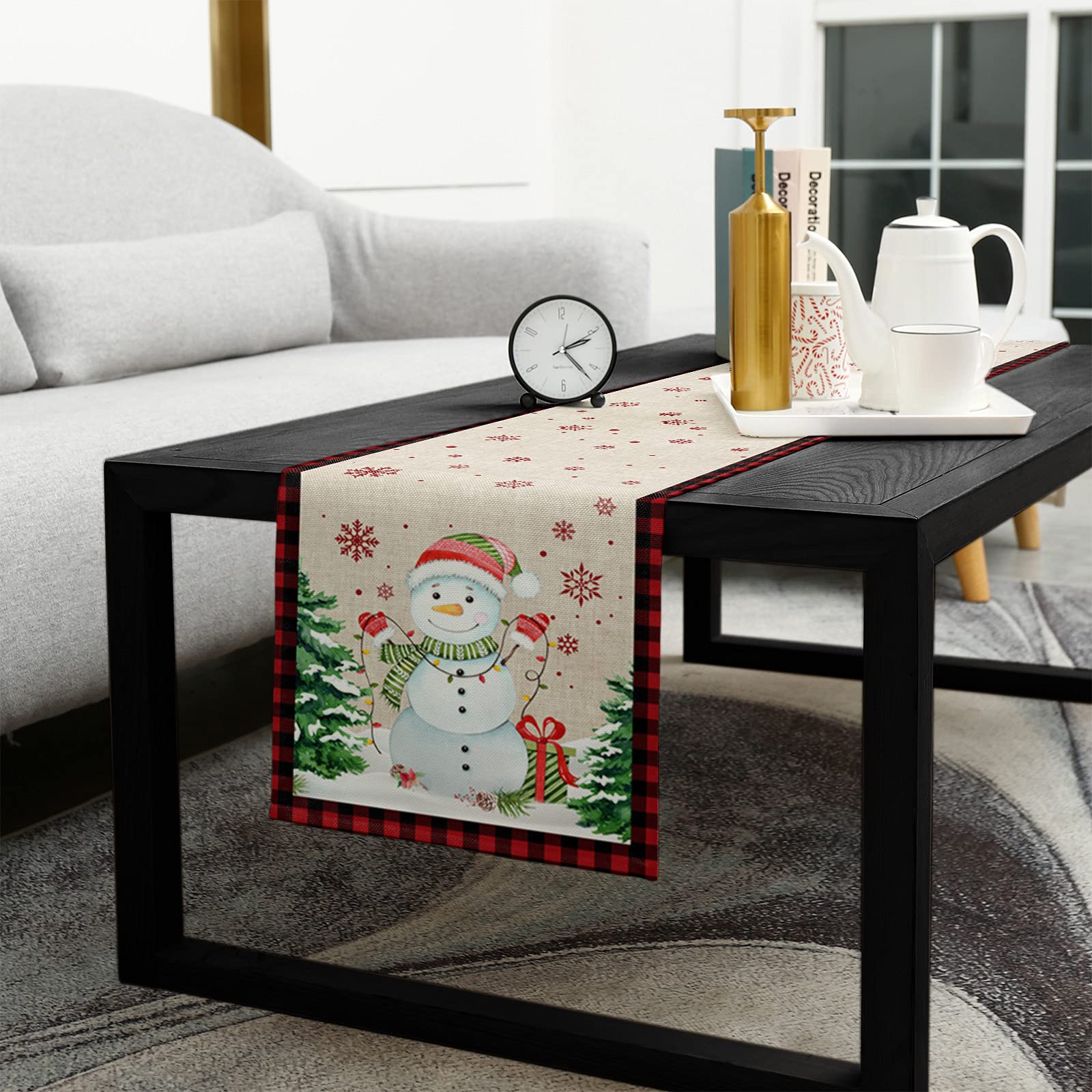 90 Inch Christmas Table Runner - Xmas Snowman Tree Snowflake Red Cotton Linen Kitchen Decor | Farmhouse Buffalo Plaid Check Burlap Tablecloth for Dining, Coffee, Party & Wedding | Perfect for Holiday Gatherings and Festive Home Decor