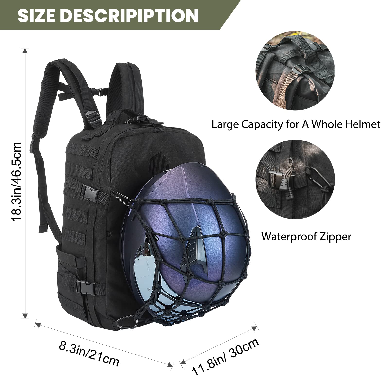 **ILM 30L Motorcycle Helmet Backpack - Waterproof Tactical Riding Backpack for Men & Women - Large Capacity Helmet Holder for Hiking, Commuting & Travel (Black, Model BP01)**