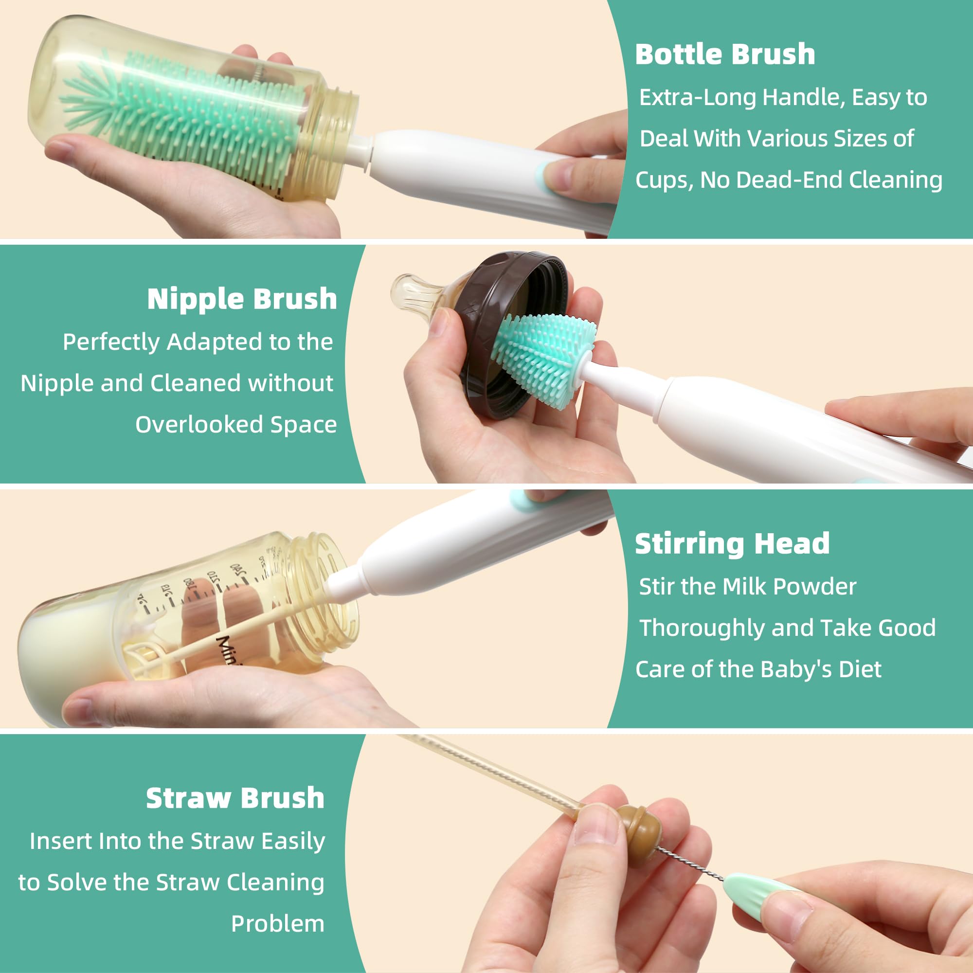 Rechargeable Electric Bottle Brush Cleaner Set - Waterproof Baby Bottle Cleaner with Nipple & Straw Brush - Perfect Travel Essential for New Moms - Great Baby Shower Gift for Pregnancy & Postpartum Use - Green
