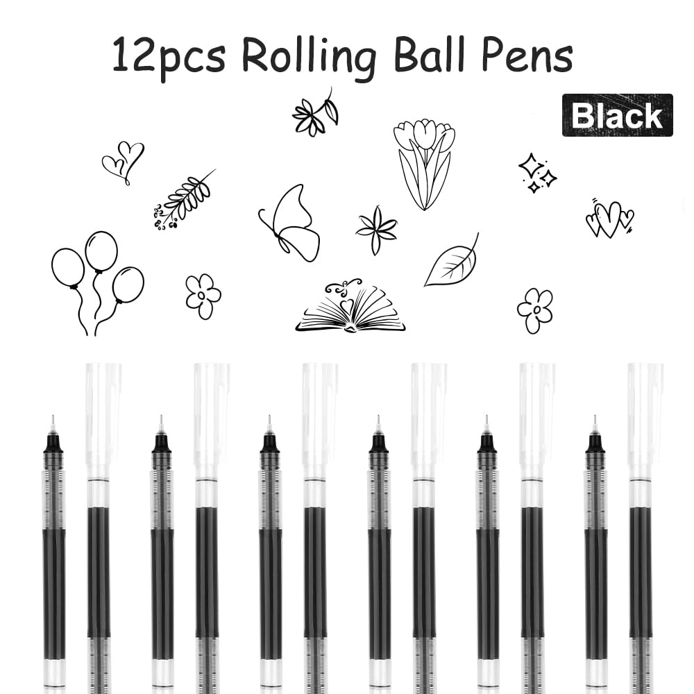 12-Pack Black Rollerball Pens with 0.5mm Fine Point - Quick-Drying Liquid Ink for Smooth Writing - Perfect for Office, School, Note Taking & Journaling