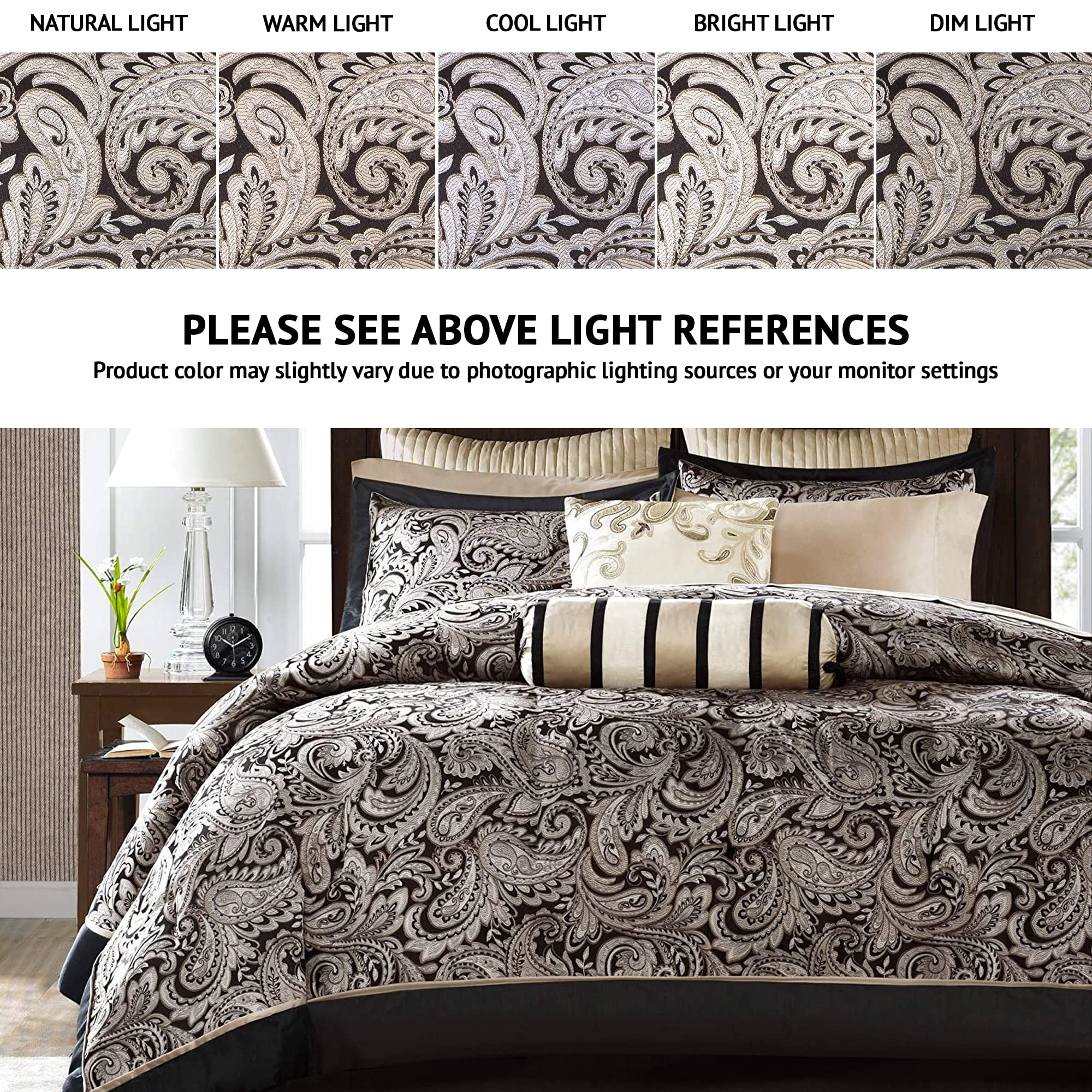 Madison Park Aubrey Cozy Comforter Set - Faux Silk Jacquard Paisley Design, All Season Down Alternative Bedding with Cotton Sheets, Bed Skirt & Pillows, Full Size 12-Piece Set in Black - Perfect for Master Bedroom, Guest Room & Cozy Home Decor