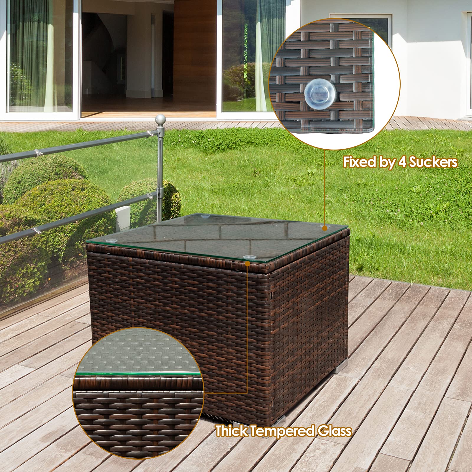 HAPPYGRILL 3-Piece PE Rattan Patio Furniture Set with Cushions & Coffee Table - Outdoor Wicker Sofa Conversation Set for Garden, Poolside, Balcony, Backyard & Deck Relaxation