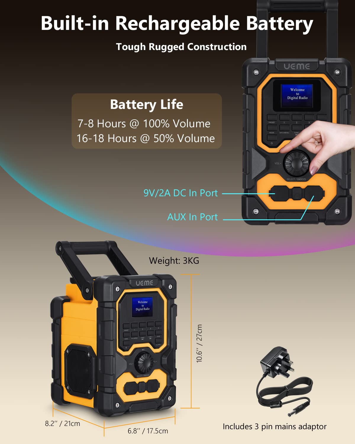 UEME 16W Jobsite DAB/DAB+ FM Radio - Rugged Construction Bluetooth Radio with Rechargeable Battery, AUX Input & USB Charging | Perfect for Builders, Contractors & Outdoor Work Sites | Includes Mains Adaptor