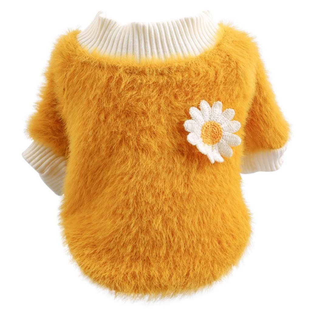 Warm Plush Dog Sweater with Round Neck & Floral Design - Cozy Fleece Winter Pet Clothing for Small Dogs (Yellow, Size S) - Perfect for Cold Weather Walks & Indoor Comfort