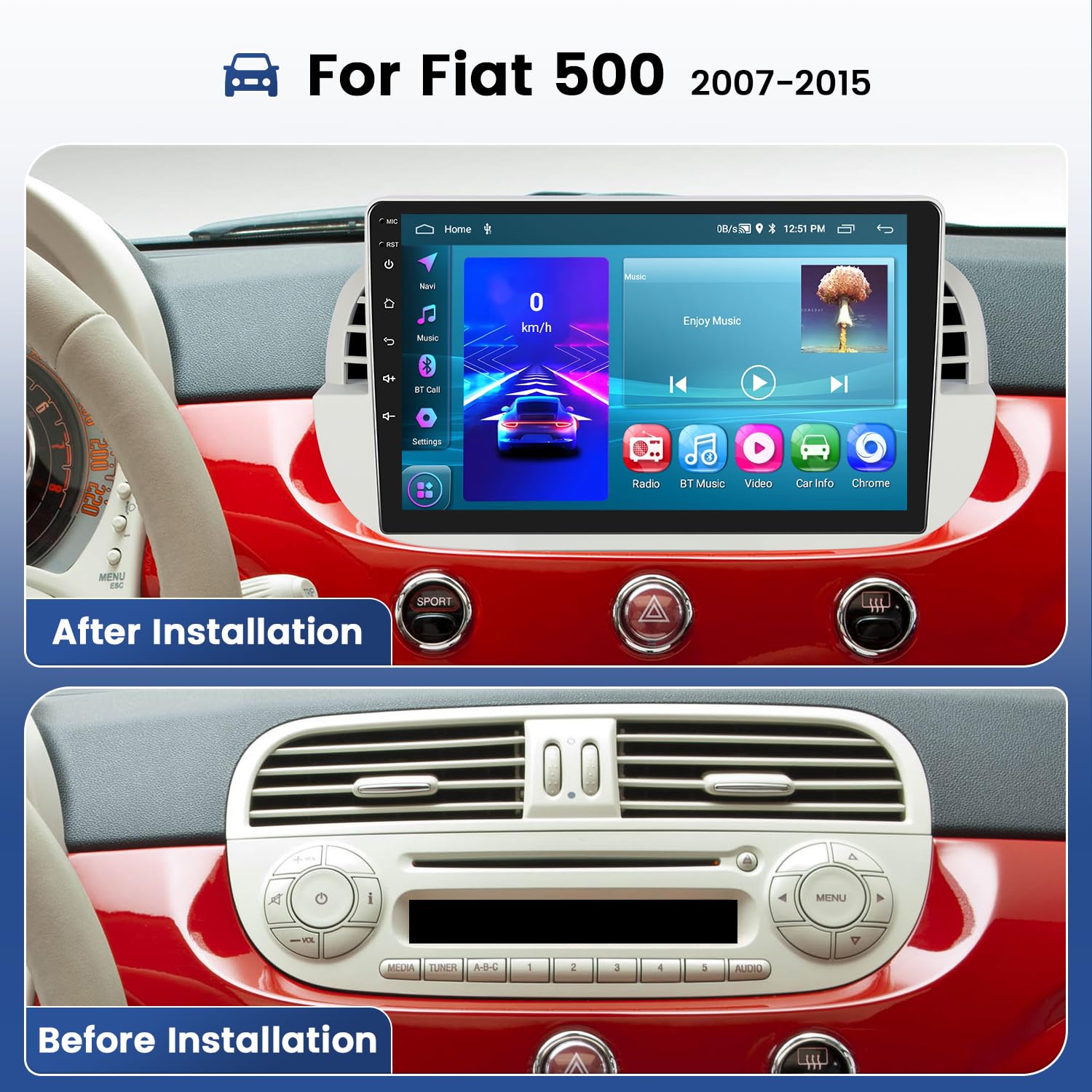 2+64GB Hikity Android 13 Wireless CarPlay Stereo for Fiat 500 2007-2015 - 9 Inch HD Touchscreen Car Radio with Android Auto, GPS Navigation, Bluetooth, FM RDS & Backup Camera - Perfect for Road Trips & Daily Commuting