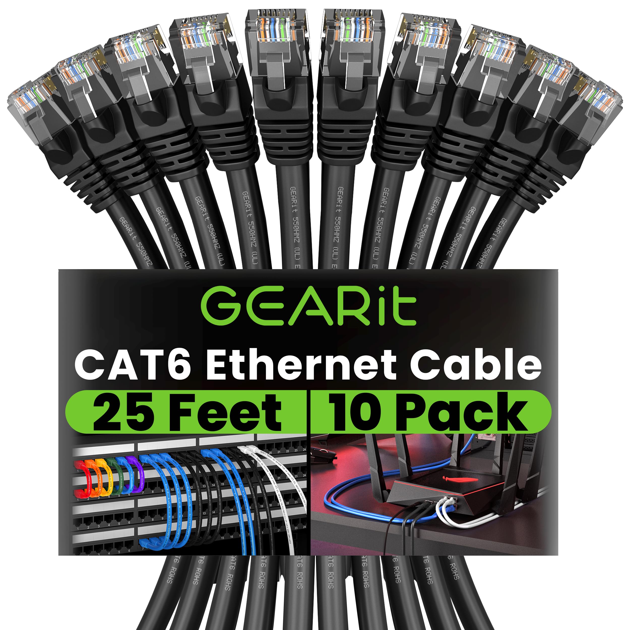 GEARit Cat 6 Ethernet Cable 10-Pack (25 Feet) - 10Gbps High-Speed Internet Cable, Snagless RJ45 Gold-Plated Connectors, Cat6 Network Patch Cord for PC, TV, Router, Gaming, Home Office & Data Center - Black