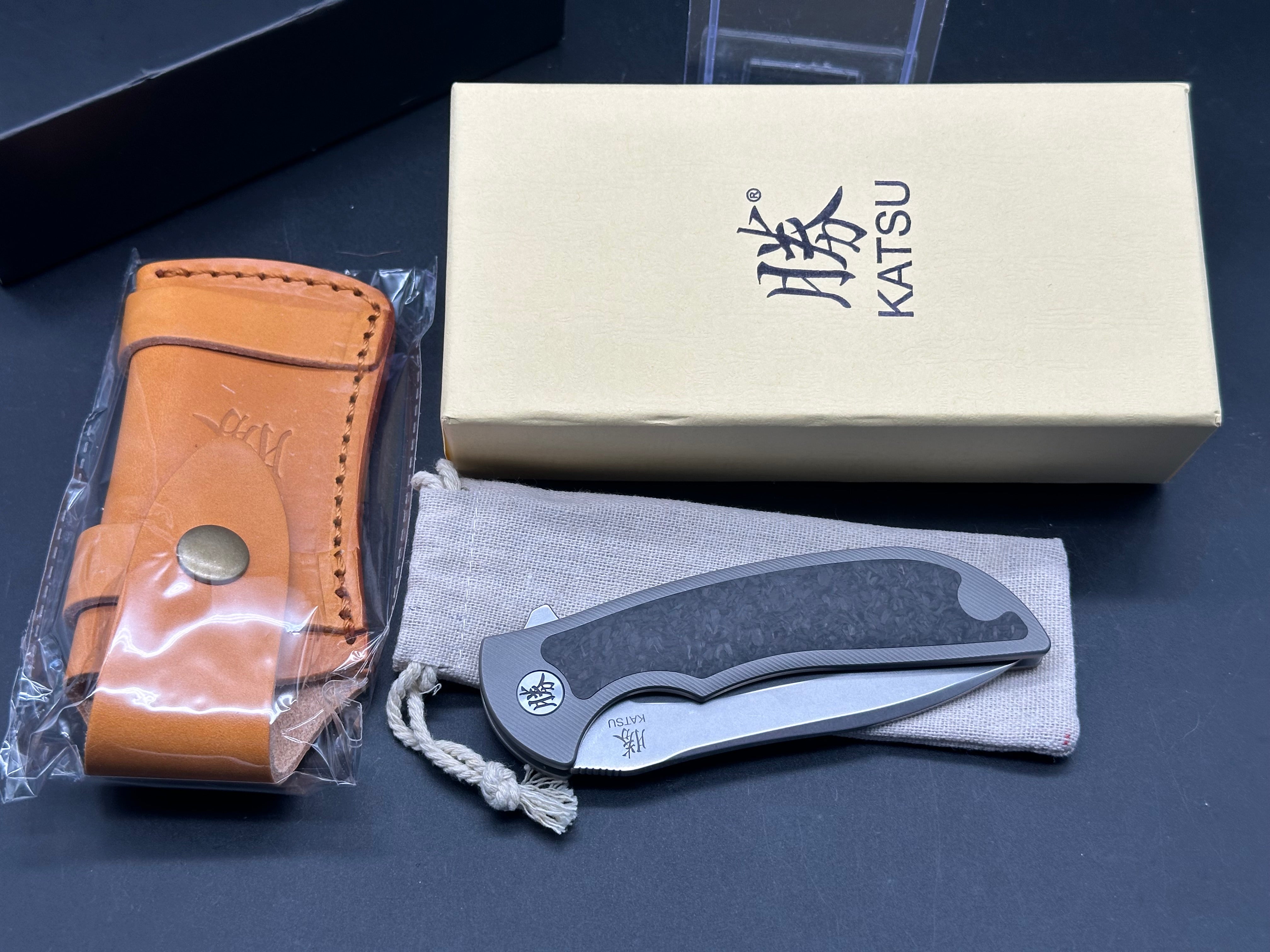 KATSU TK01 Folding Knife - CPM S35VN Steel Blade, Titanium & Carbon Fiber Handle with Leather Sheath | EDC, Outdoor Survival, Camping & Hunting Gear