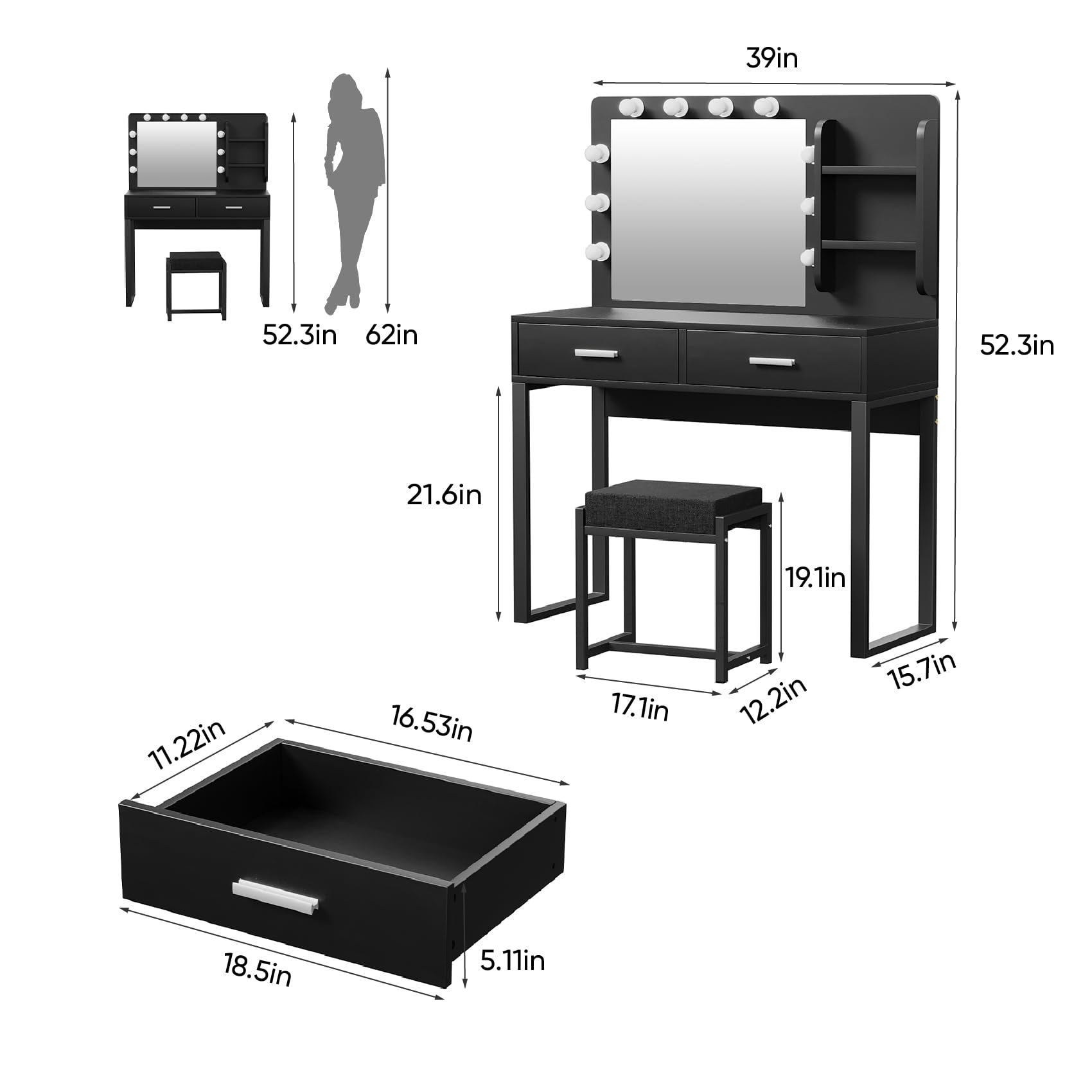 Semiocthome Makeup Vanity Desk with Mirror and LED Lights, Vanity Table with Shelves, 2 Drawers & Sturdy Metal Frame, 3 Lighting Modes & Adjustable Brightness - Dressing Table with Chair for Bedroom, Bathroom & Dorm Room (Black)