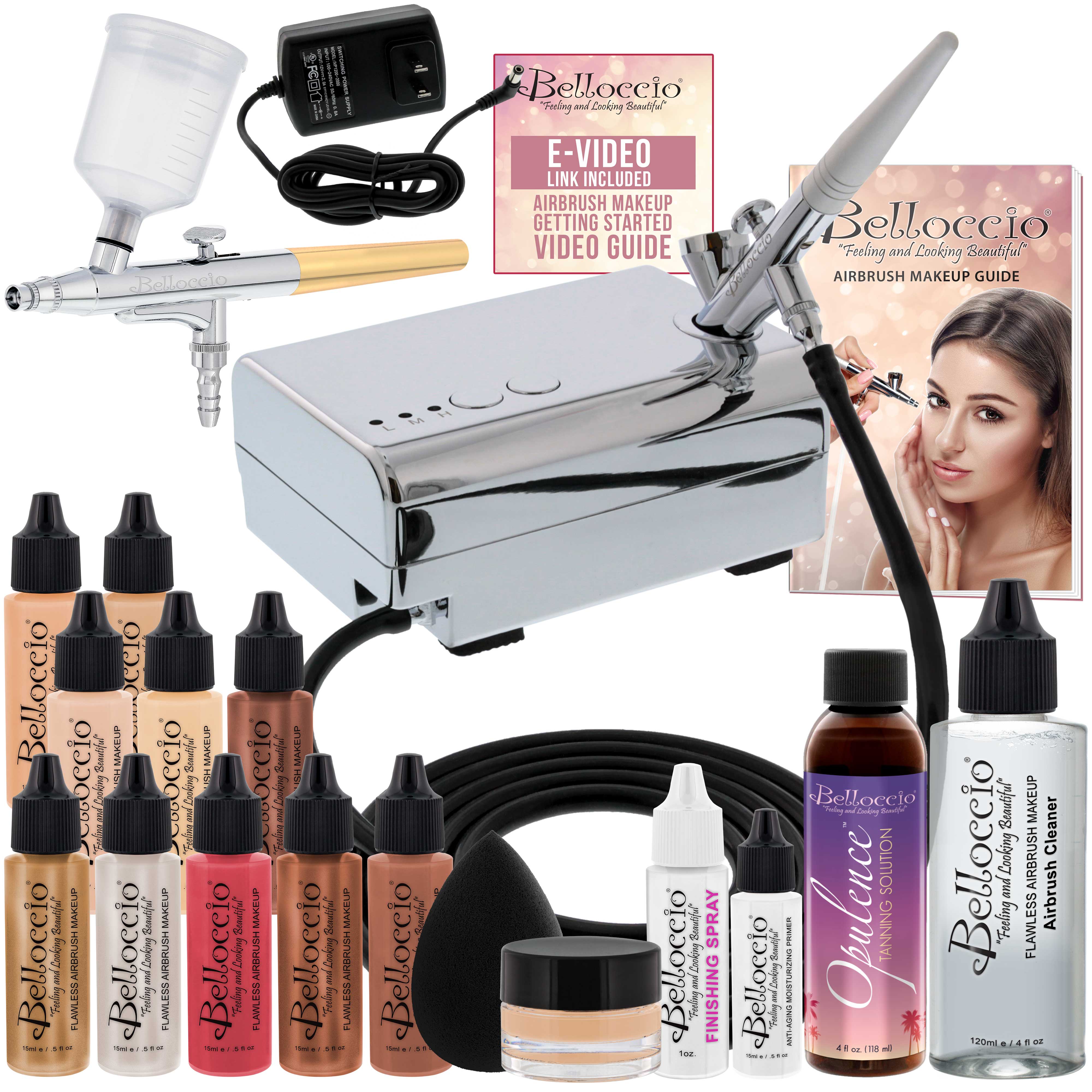 Belloccio Ultimate Airbrush Makeup & Spray Tanning System Kit - Professional Airbrush Makeup Gun, Fair Shade Foundation, Blush & Tanning Solution for Flawless Beauty - Perfect for Bridal, Photo Shoots & Salon Use