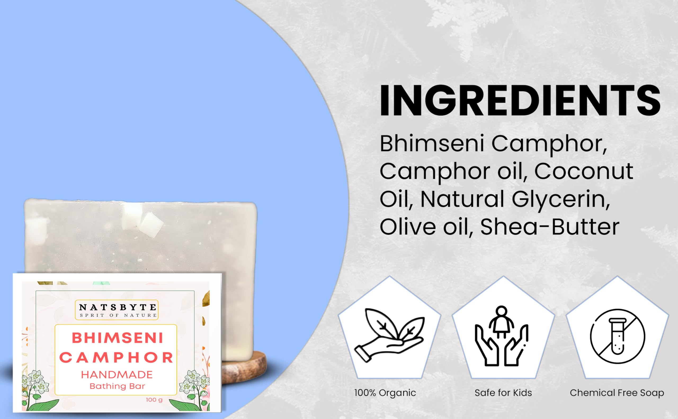 NATSBYTE Organic Camphor Bath Soap - 100% Natural Handmade Chemical-Free Soap for Men & Women (Pack of 2) | Gentle Cleansing for Sensitive Skin, Relaxing Aromatherapy Bath & Shower, Perfect for Daily Skincare Routine