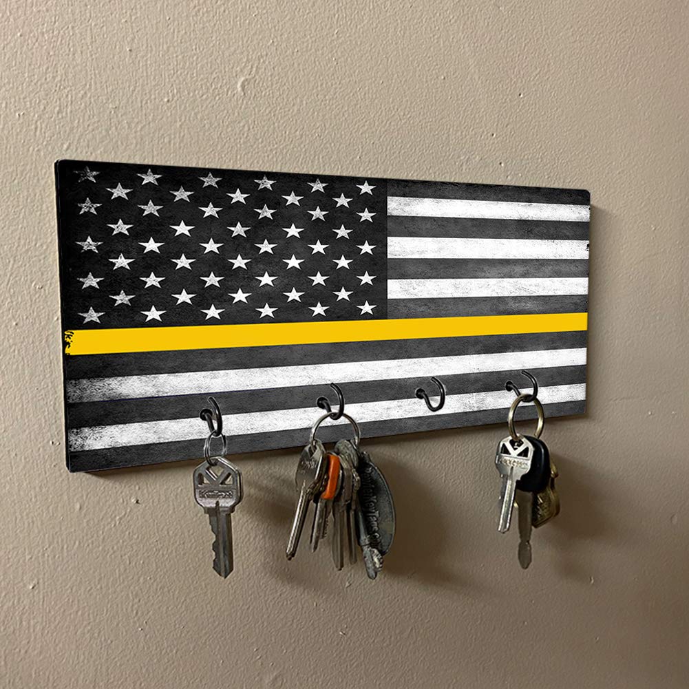 Brotherhood Thin Gold Line 911 Communicator & Dispatcher Key Holder - Wall Mount Organizer Rack for Home Keys, Rings & Hooks - Perfect for First Responder Gifts & Police Appreciation Decor