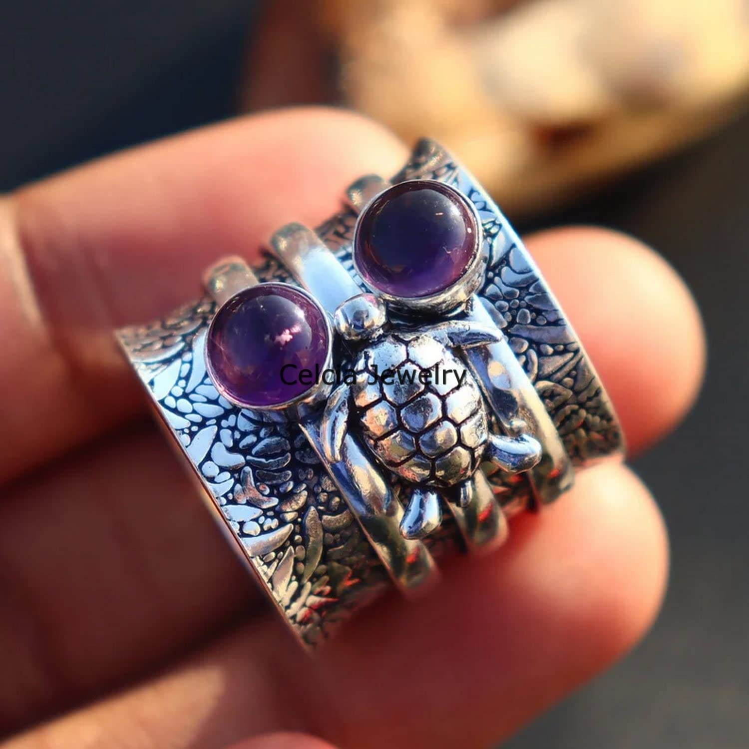 Amethyst Round Gemstone Turtle Spinner Ring - Handmade Meditation Spinning Ring for Stress Relief, Unique Animal Jewelry Gift for Women Men (February Birthstone, Size 7) - Perfect for Yoga, Mindfulness & Spiritual Healing