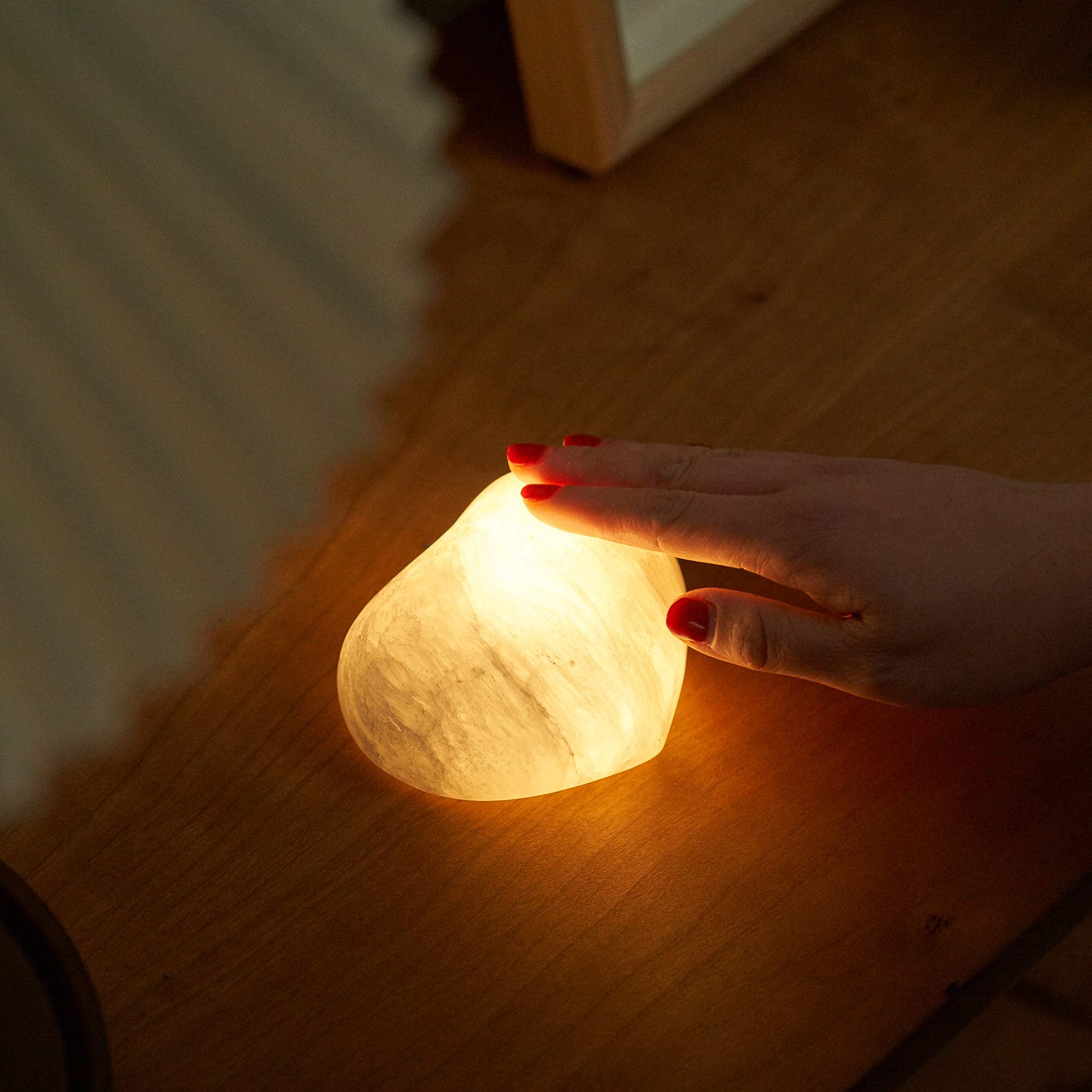 Rechargeable Selenite Crystal Lamp - Hand Carved Natural Stone Night Light with Dimmer (White/Warm/Yellow, Heart Shape) | Healing Crystal Light for Bedroom, Meditation & Yoga Space