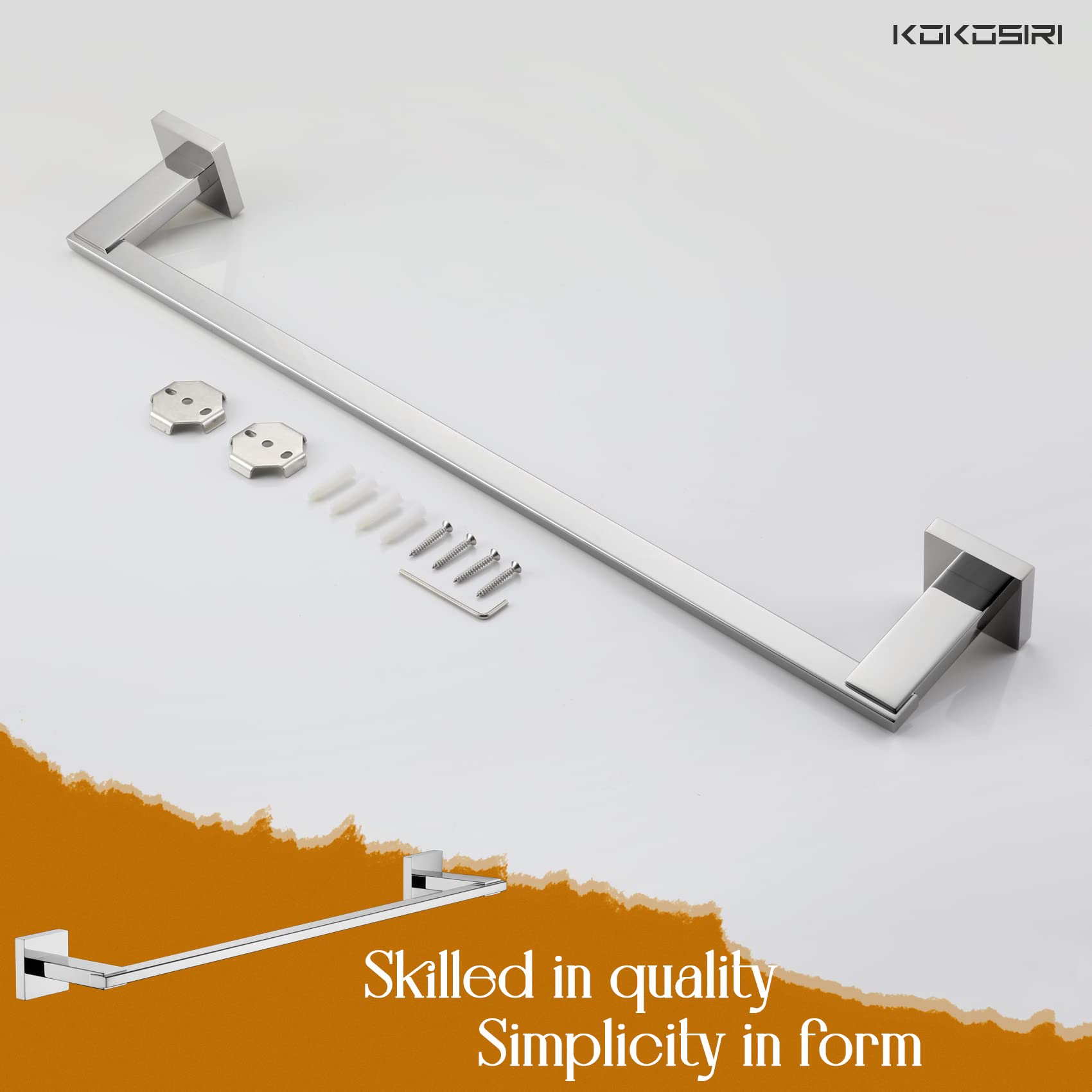 KOKOSIRI 24 Inch Polished Stainless Steel Wall Mounted Towel Bar - Chrome Bathroom Hardware for Kitchen & Toilet, Durable Necklace Holder (Model B4006CH-L24) | Perfect for Modern Bathrooms, Spa Settings & Luxury Home Decor