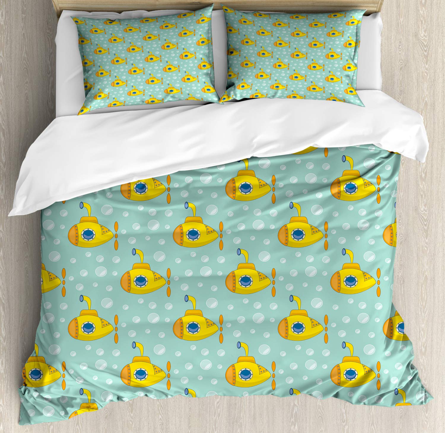Ambesonne Yellow Submarine Duvet Cover Set - Nautical Themed 3-Piece Bedding with Submarine & Bubble Design, California King Size in Seafoam & Earth Yellow | Perfect for Kids' Rooms, Beach Houses & Underwater Theme Decor