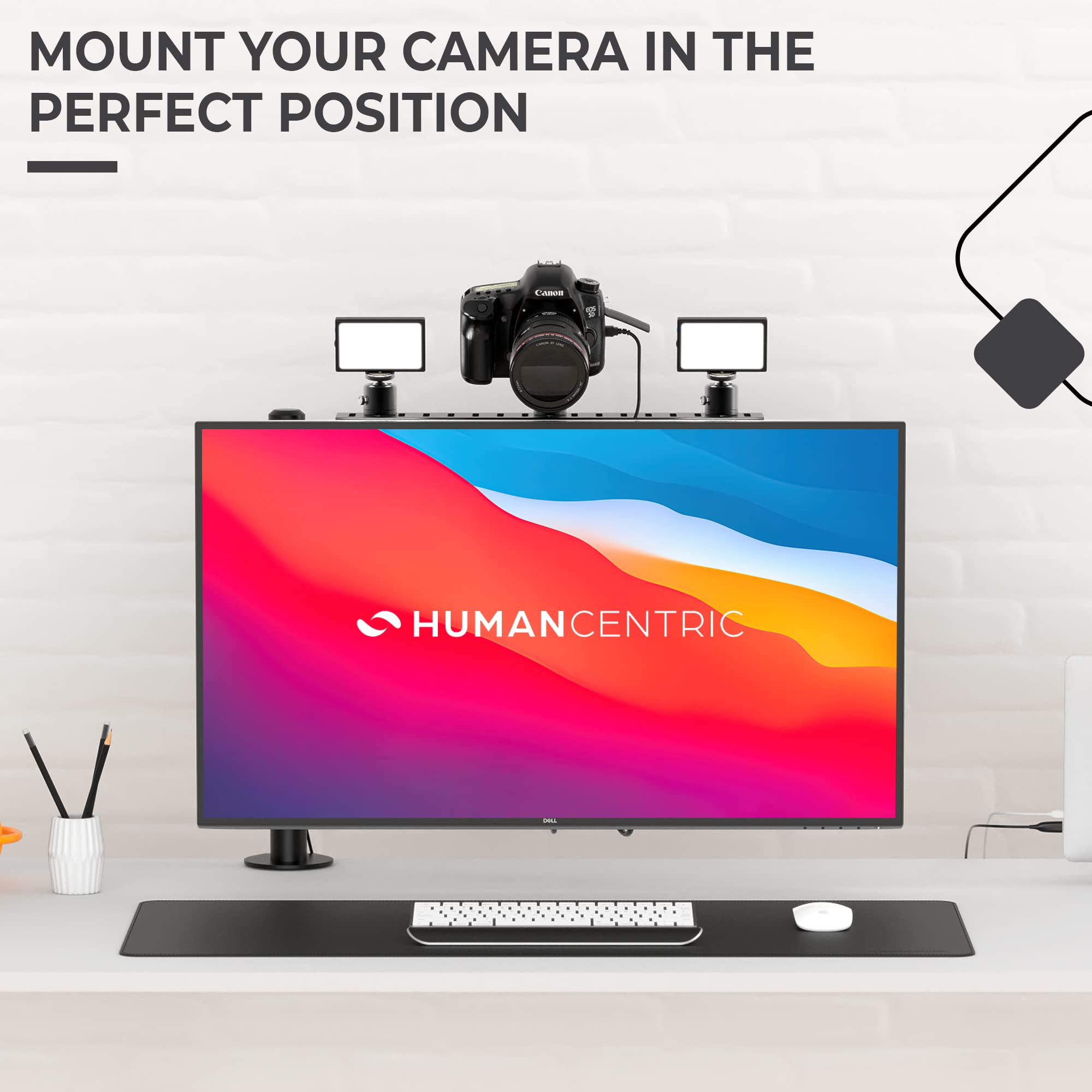 HumanCentric DSLR Monitor Mount - Adjustable VESA Arm Camera Shelf for Desk, Webcam & Microphone Stand - Heavy Duty Monitor Riser for Photography & Streaming Setup - Perfect for Home Office, Gaming & Video Production Workspace