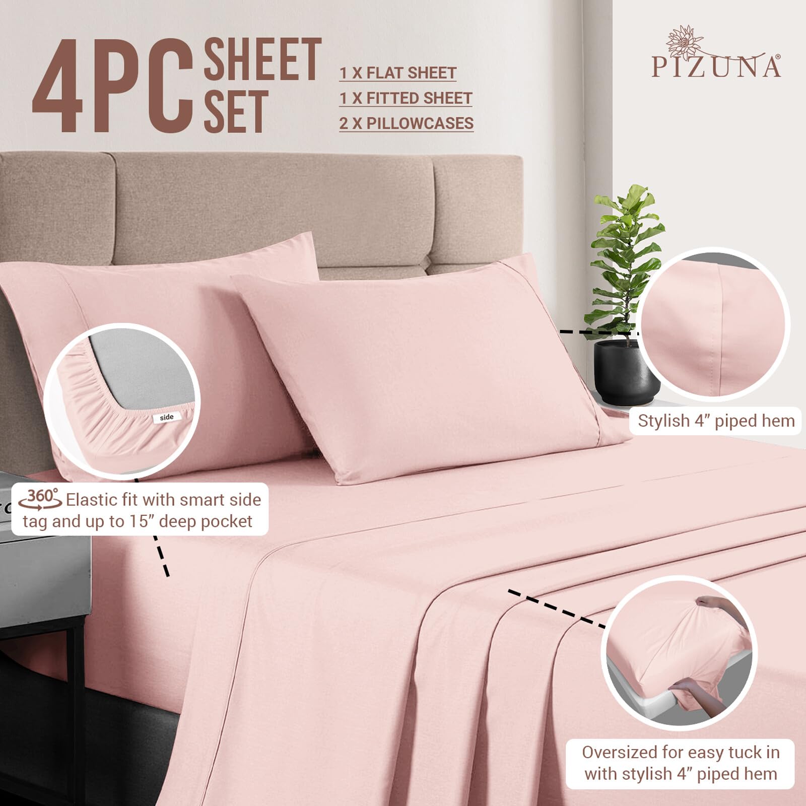 Pizuna Pure 100% Cotton California King Sheets - 400 Thread Count Luxury Sateen Bedding Set with 15