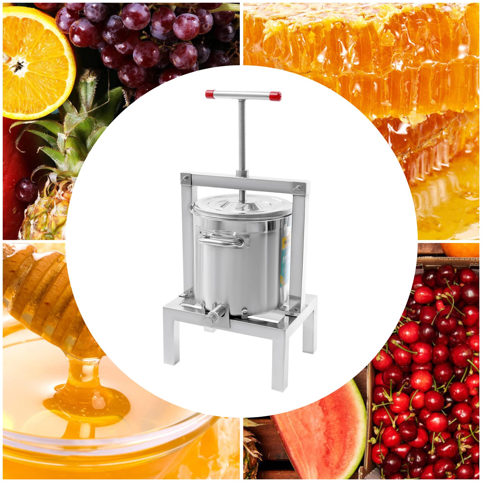 Stainless Steel Fruit Wine Press - 2.6 Gal/10L Heavy Duty Manual Cider Press for Apples, Grapes, Berries - Perfect for Making Homemade Wine, Juice, Cider, Olive Oil & Honey Extraction - Ideal for Home Brewing, Farm Use & DIY Winemaking
