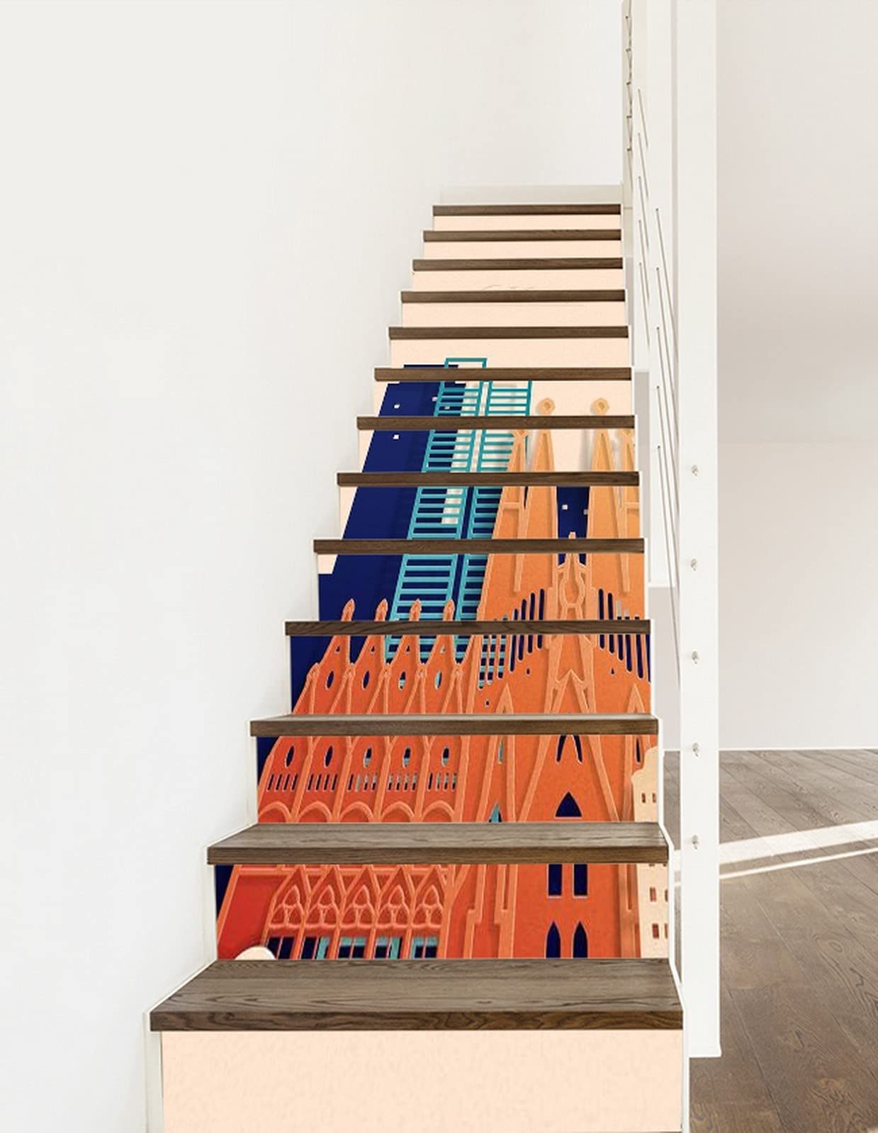 3D Self-Adhesive Removable Stair Decals - Spain Famous Landmarks Abstract Art Vinyl Stickers for Stair Risers, Kitchen Tiles & Walls (13-Piece Set) | DIY Home Decor, Office & Commercial Space Renovation