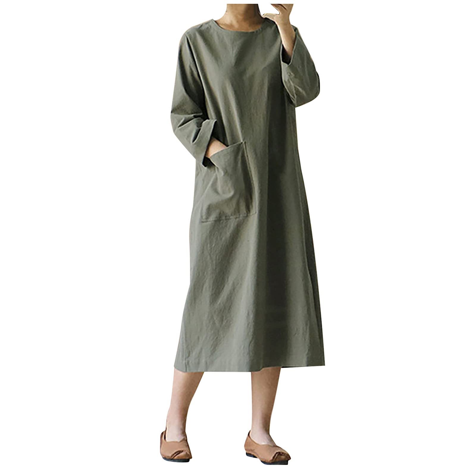 Lucktop Women's Plus Size Cotton Linen Dress - Long Sleeve Casual Loose Maxi Dress for Spring & Summer | Comfortable Boho Chic Outfit for Beach, Vacation & Everyday Wear