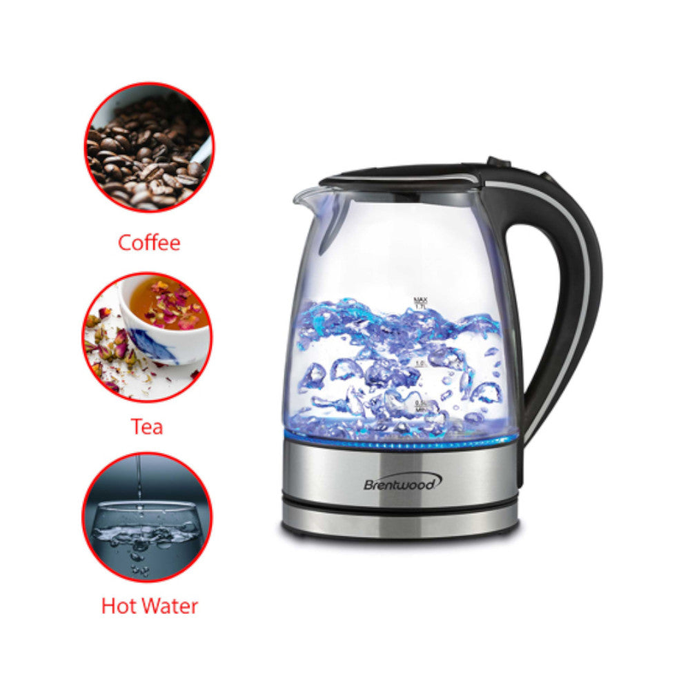 Brentwood KT 1900BK 1.8 Quart Glass Electric Kettle - Fast Boiling, Cordless, BPA-Free for Tea, Coffee & Hot Water - Perfect for Home, Office & Dorm Use