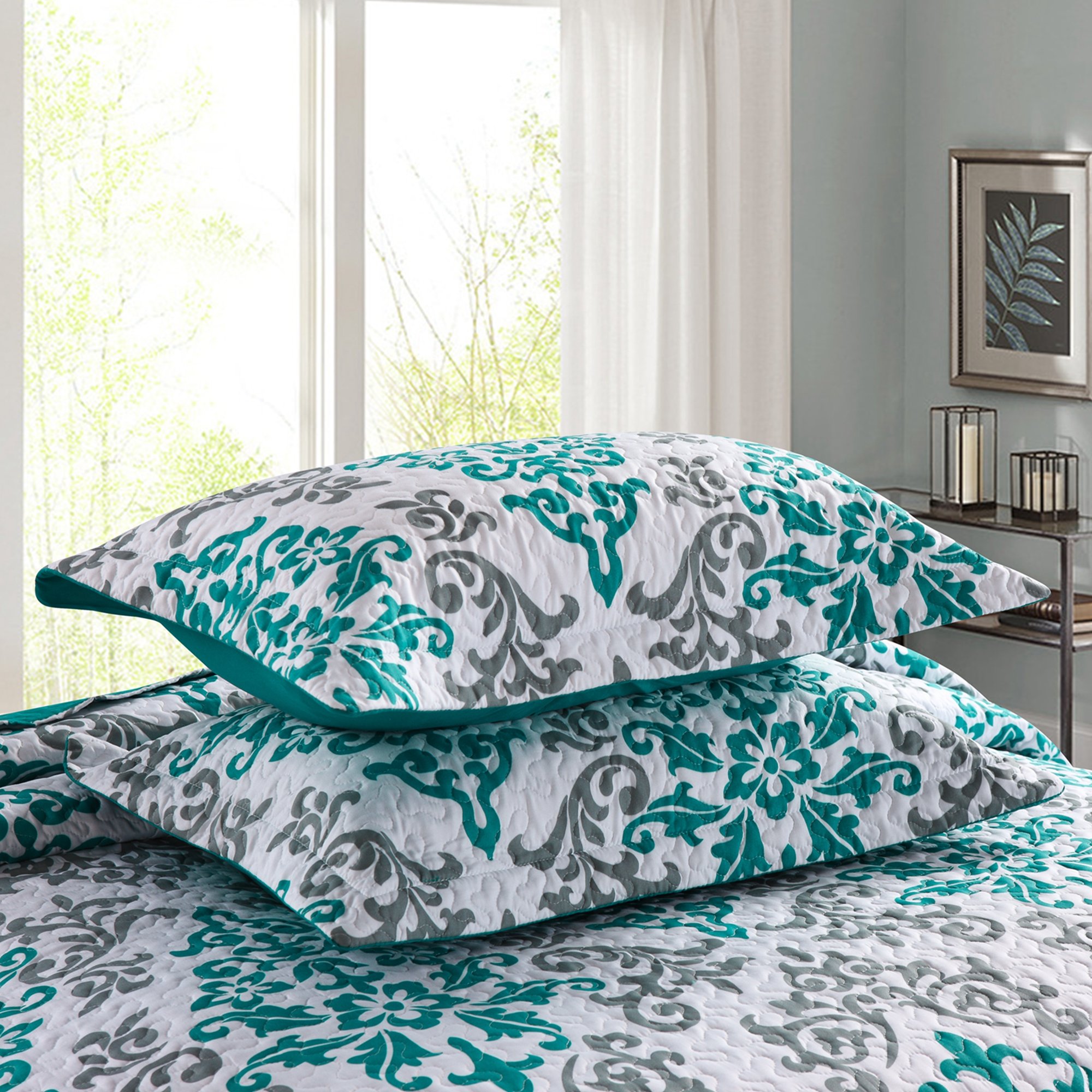MarCielo 3-Piece Quilted Bedspread Set - Queen Size Lightweight Printed Coverlet & Throw Blanket in Turquoise Katrina Blue | Soft Bedding Ensemble for Master Bedroom, Guest Room & Cozy Home Decor