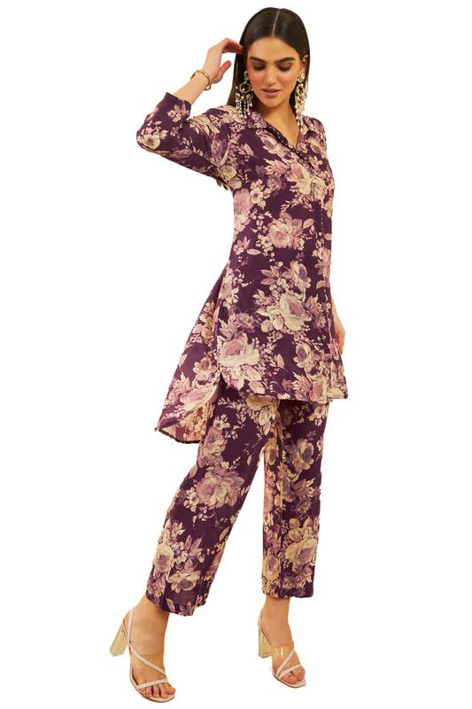 Soch Women's Silk Blend Floral Printed Beaded Co-Ord Set - Elegant Matching Outfit for Parties, Weddings & Special Occasions