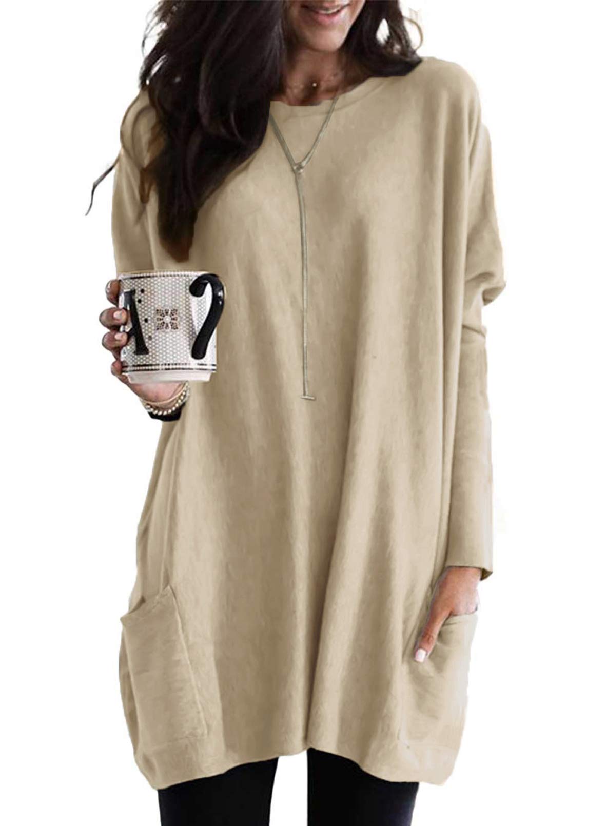 **ASVIVID Plus Size Women's Crewneck Tunic Tops - Long Sleeve Maternity Shirts, Oversized Solid Fall T-Shirts for Casual Wear, Pregnancy & Everyday Comfort**