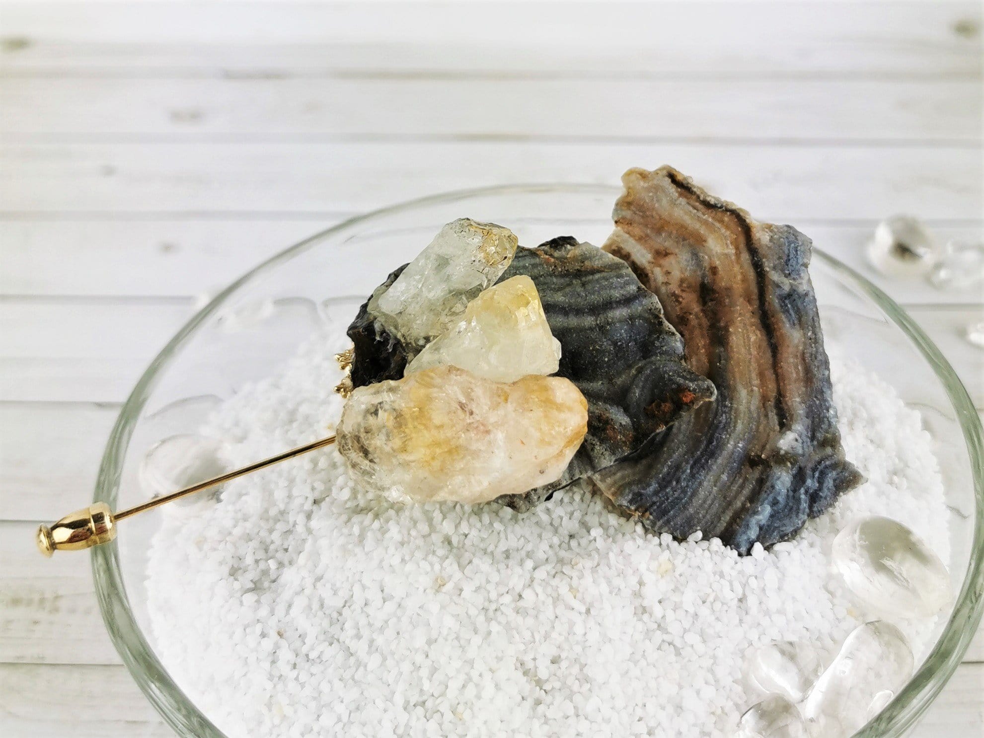 Natural Citrine & Chalcedony Conchive Boutonniere Pin - Handmade Gemstone Brooch for Weddings, Prom & Formal Events
