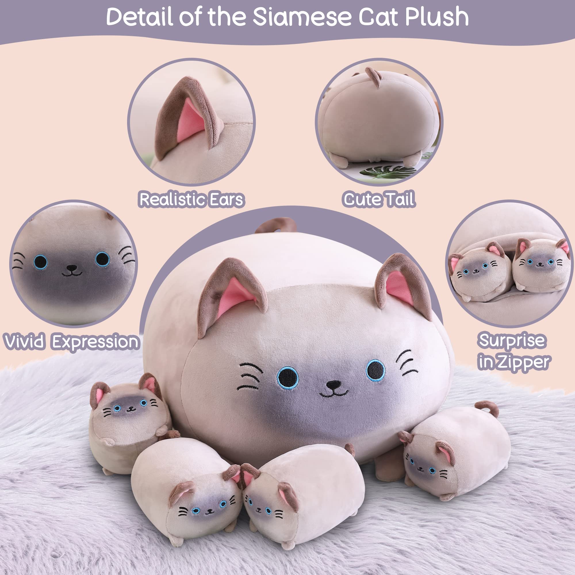 SQEQE Siamese Cat Plush Toy - Adorable Stuffed Animal Mommy with 4 Soft Kittens, Cuddly Plush Pillow Gift for Kids & Cat Lovers | Perfect for Nursery Decor, Birthday Presents & Comfort Companionship