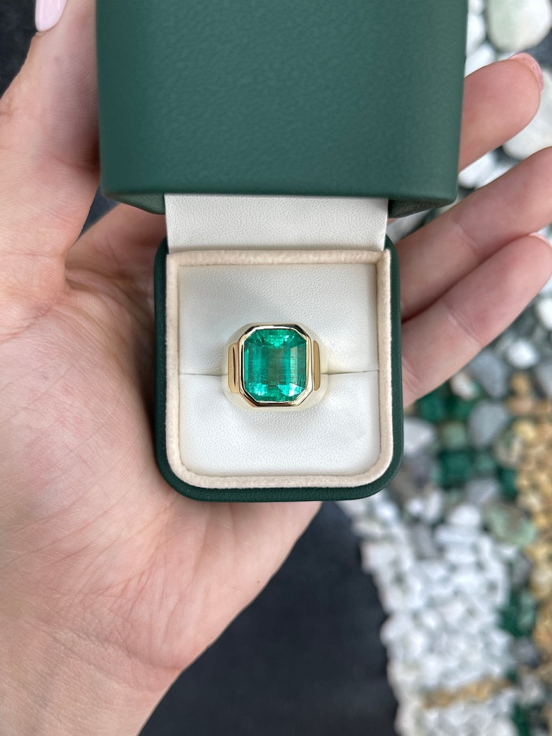 8.51ct 18K Gold AAA Top Quality Huge Bezel Set Men's Emerald Solitaire Signet Pinky Ring - Perfect for Wedding Bands, Anniversary Gifts & Luxury Jewelry Collection