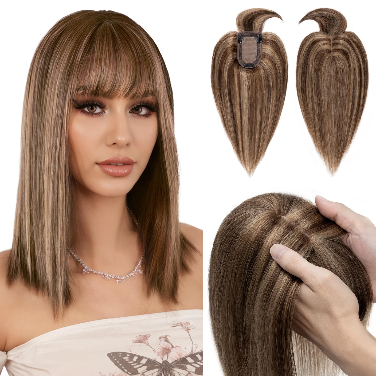 Premium Human Hair Toppers with Bangs for Women - 100% Real Remy Hair Clip-in Hairpiece, 2.8