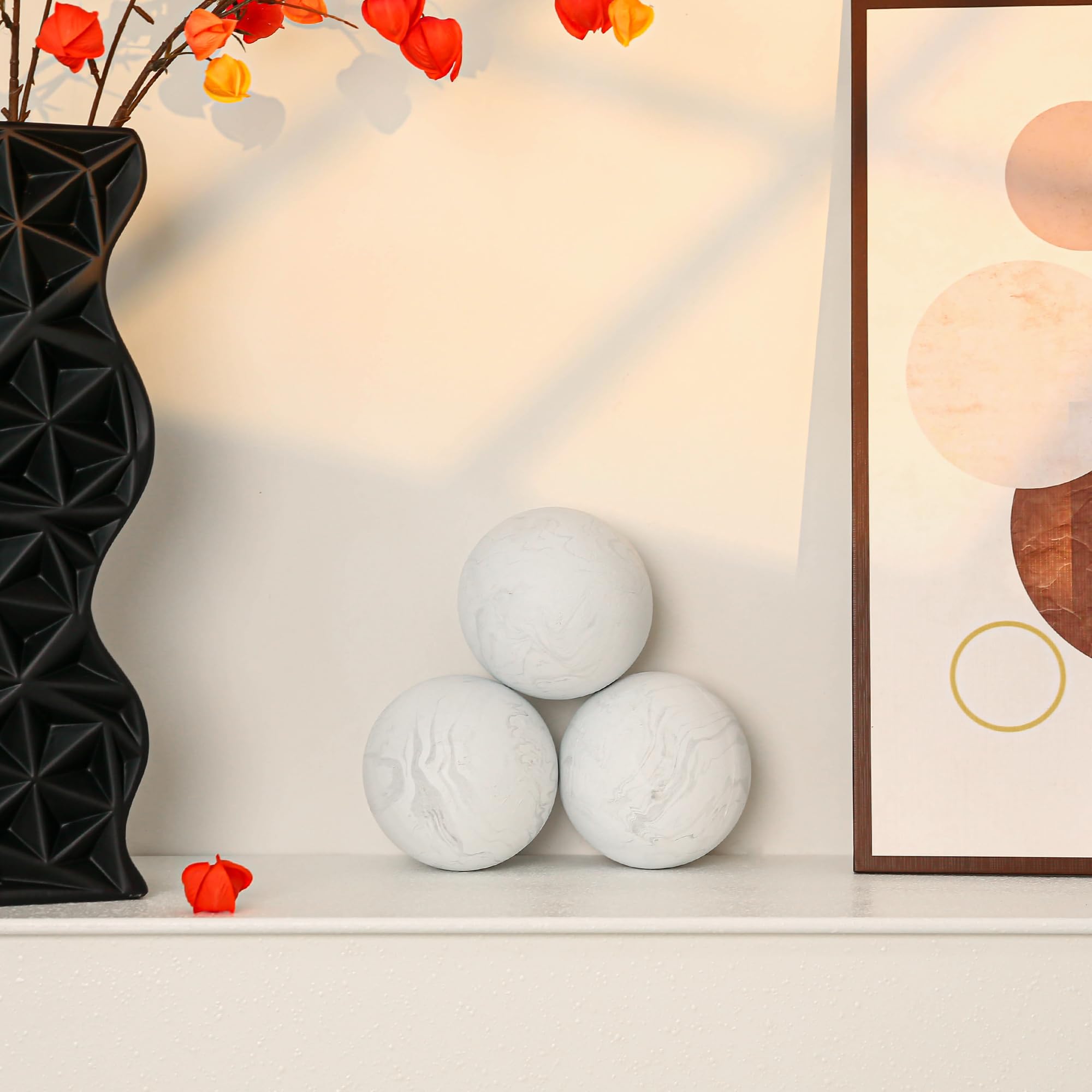 Decorative White Howlite Resin Sphere Balls - Set of 3, 4-inch Round Orbs for Bowls, Vases & Centerpieces - Perfect for Coffee Table Decor, Living Room Accents & Home Styling