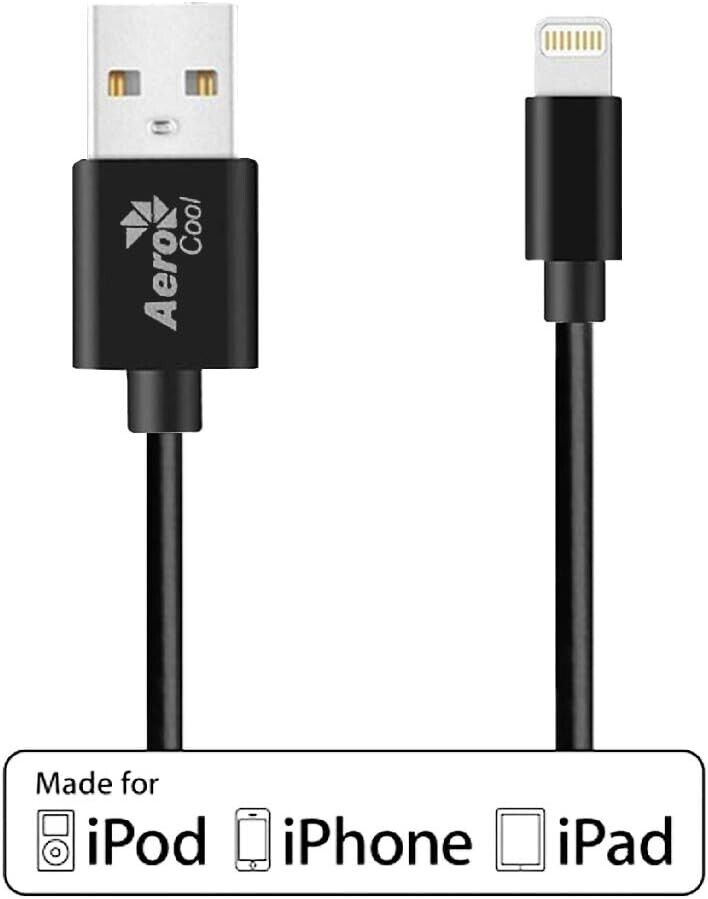 Premium AeroCool MFI Certified 8 Pin to USB Fast Charging Cable 1m (Black) - High Speed Charging for iPhone, iPad, and Apple Devices at Home, Office, or Travel