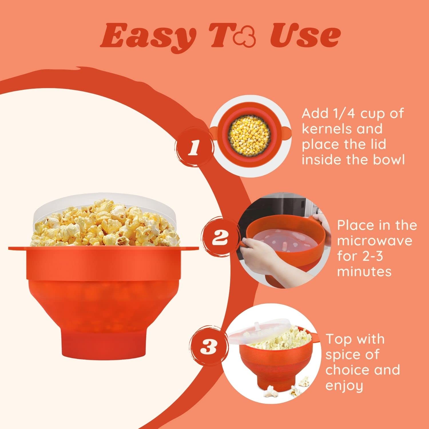 Flexzion Microwave Popcorn Popper Maker with Lid - Collapsible Silicone Bowl, BPA-Free Food Grade Container for Home, Kitchen, Parties & Camping - Perfect for Movie Nights, Snacks & Family Gatherings (Orange)