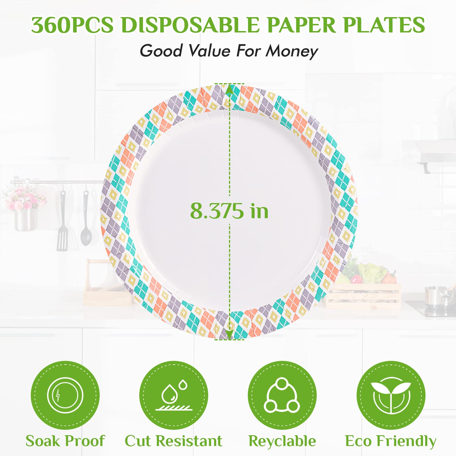 FOCUSLINE 360 Count 8.375 Inch Disposable Paper Plates - Soak Proof, Checkered Pattern Modern Dinner Plates for Meals, Snacks & Parties - Perfect for BBQs, Picnics, Birthday Parties & Family Gatherings