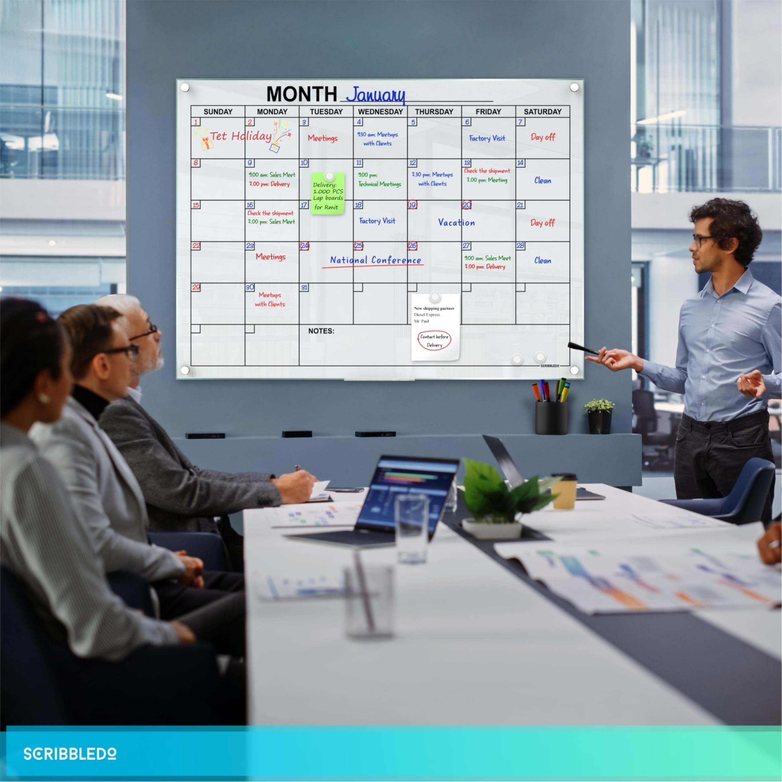 34x46 Inch Magnetic Glass Whiteboard Monthly Planner - Large Dry Erase Wall Calendar for Home & Office with Marker Tray | Perfect for Scheduling, Project Management & Family Organization