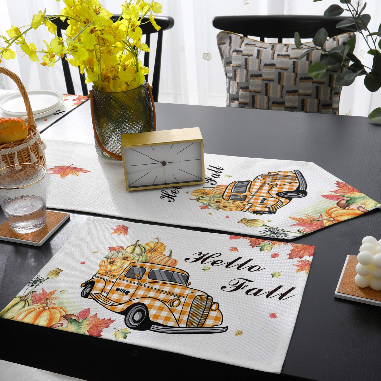 6-Piece Thanksgiving Table Runner Set - Non-Slip Placemats & Decorative Table Runner (16x72 inches) for Coffee Table, Kitchen, TV Stand - Fall Maple Pumpkin Truck Design - Perfect for Autumn Decor & Holiday Gatherings
