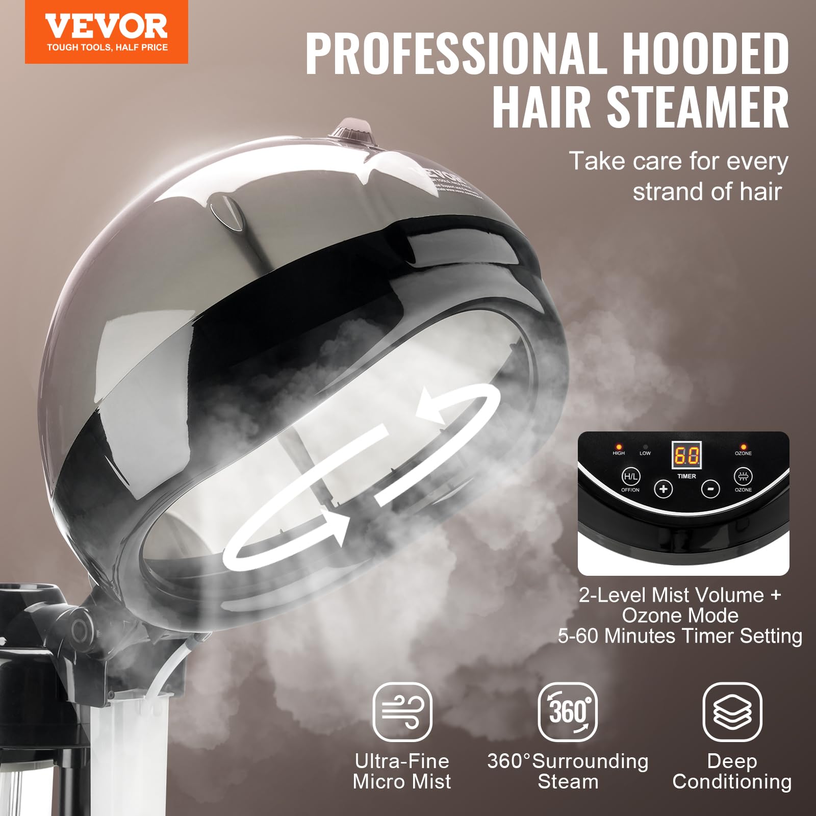 VEVOR Professional Hair Steamer for Deep Conditioning & Hair Treatment - 11.81