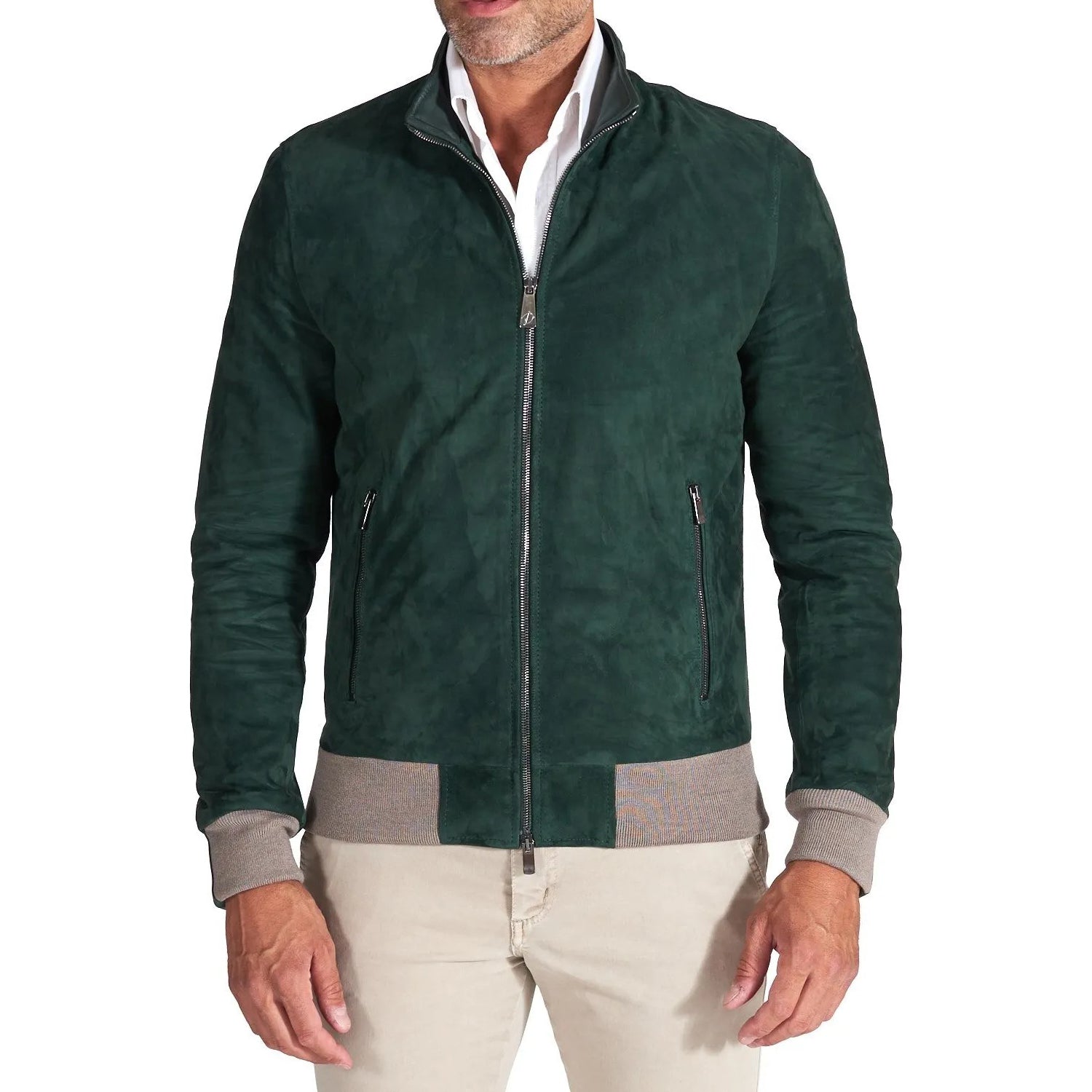 MCKINNON Men's Suede Leather Zip Bomber Jacket - Green | Lightweight Casual Outerwear for Fall & Winter | Perfect for Streetwear, Date Night & Travel