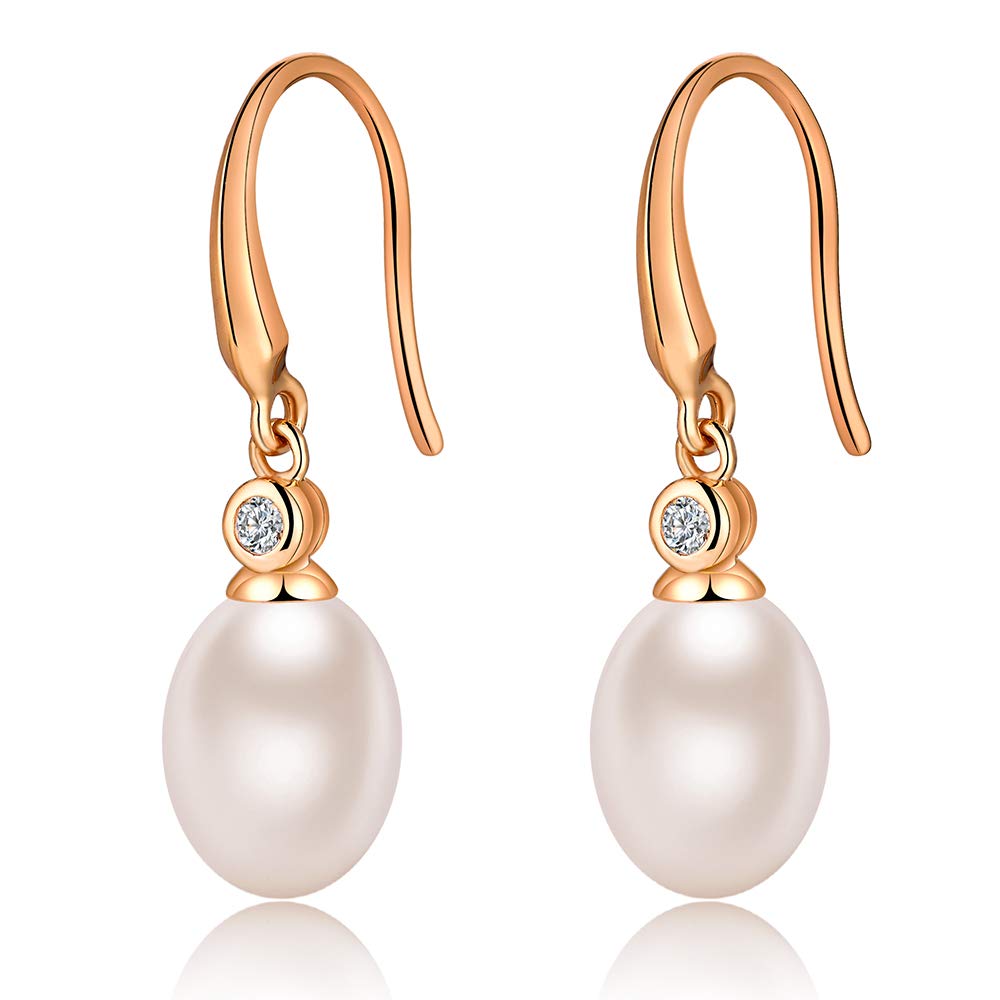 925 Sterling Silver Pearl Dangle Earrings for Women | 8MM-10MM Freshwater Pearl Drop Earrings with Diamond Accents | Elegant Jewelry Gift for Wedding, Party & Special Occasions