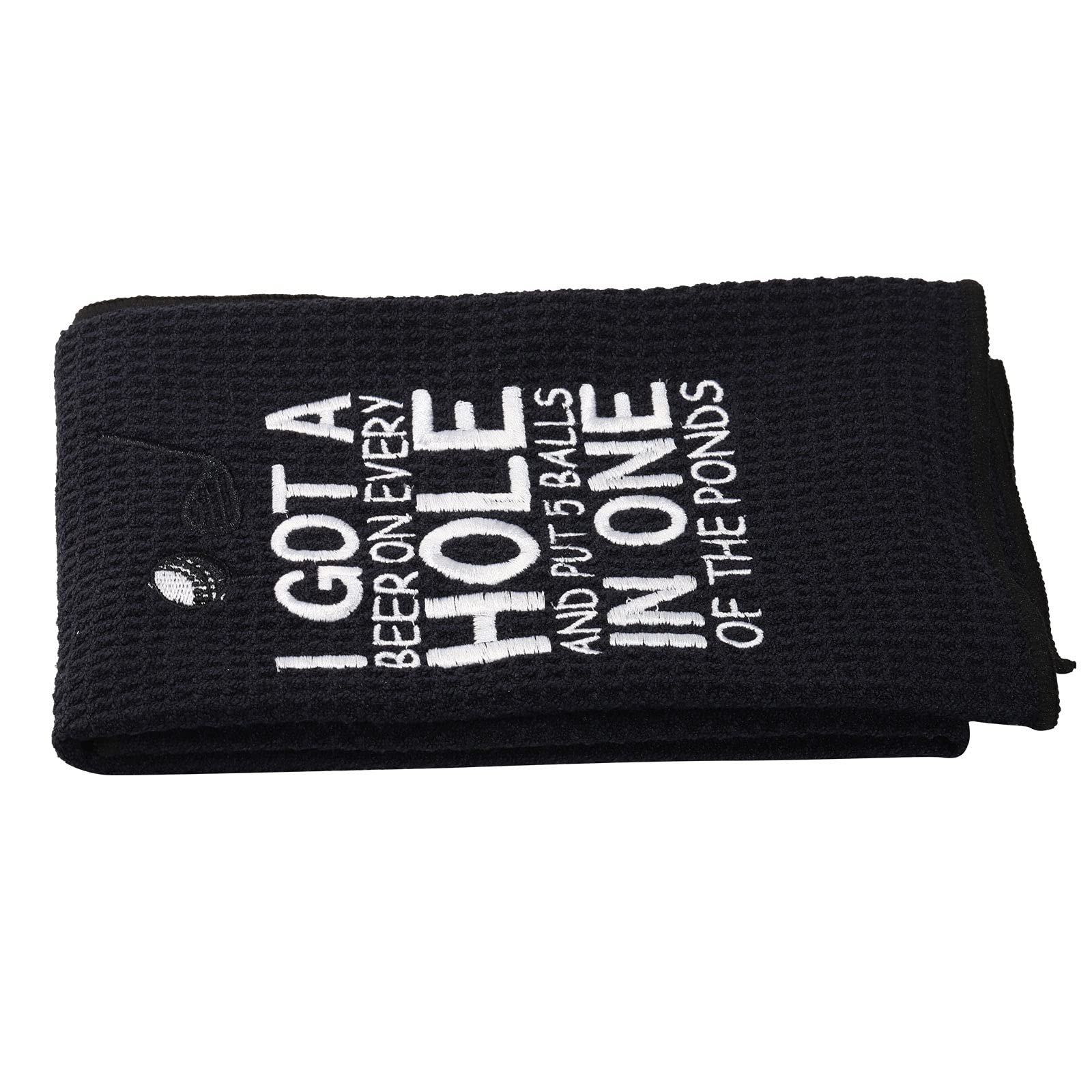 PXTIDY Funny Golf Towels for Men - 'I Got A Beer On Every Hole' Embroidered Golf Towel with Clip - Perfect Gift for Golf & Beer Lovers (Black) - Great for Golf Courses, Driving Ranges & Sports Events