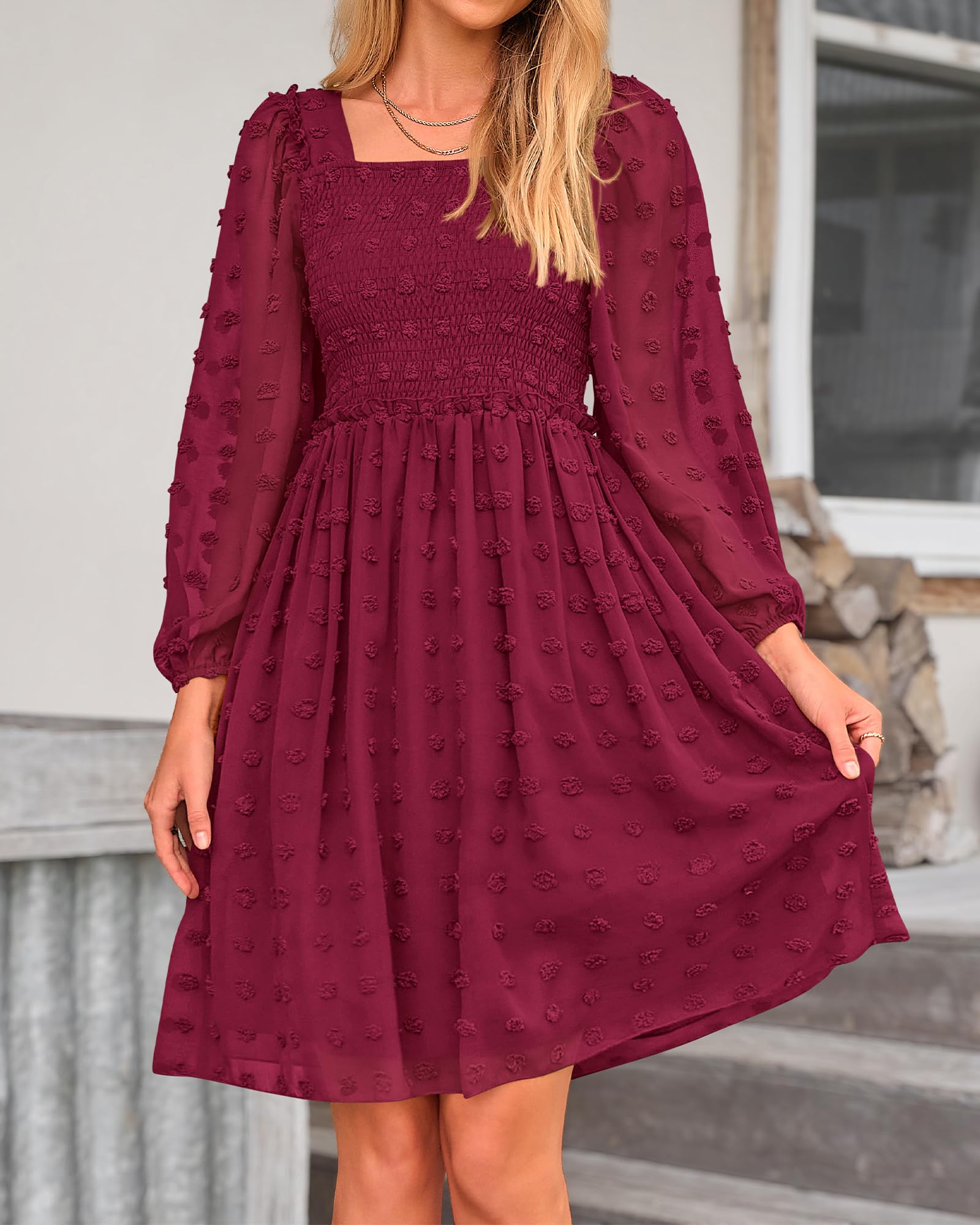 BTFBM Women's Floral Swiss Dot Square Neck Smocked Mini Dress - Long Sleeve Boho Wedding Guest Dress for Spring & Summer 2025 | Perfect for Garden Parties, Bridal Showers & Casual Events