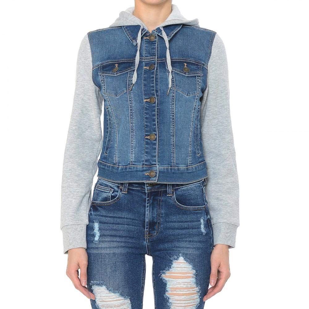 Khanomak Women's Fleece-Lined Denim Jacket with Hood & Long Sleeves - Cozy Winter Fashion for Casual Outings & Streetwear