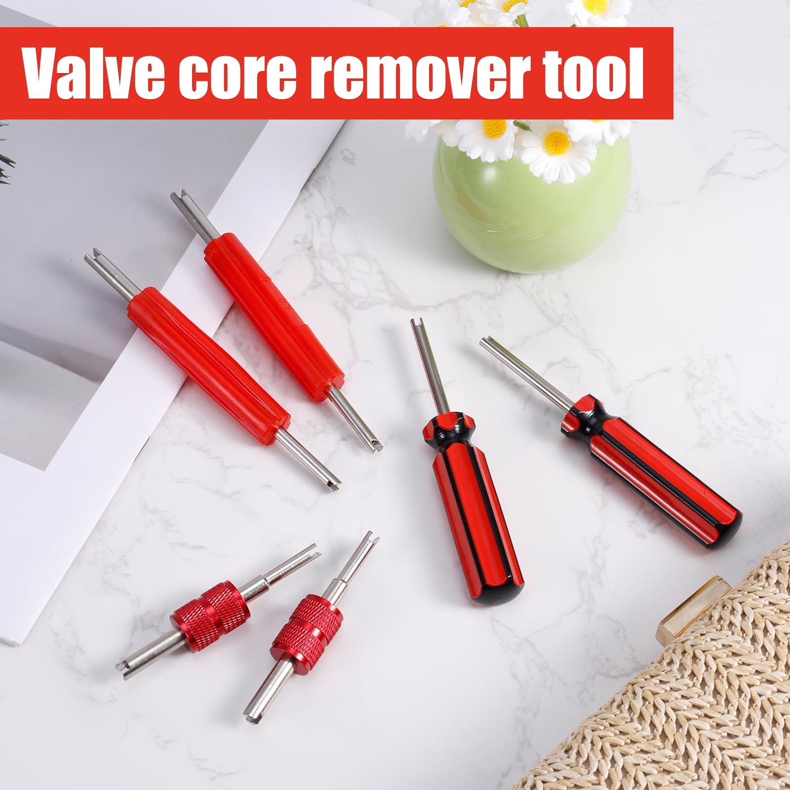6-Piece Valve Stem Remover Tool Set - Dual & Single Head Tire AC Valve Core Wrench for Schrader A/C Kit Repair, Car Air Conditioner & RV Tire Valve Maintenance (Red) - Perfect for Auto Shops & DIY Tire Inflation